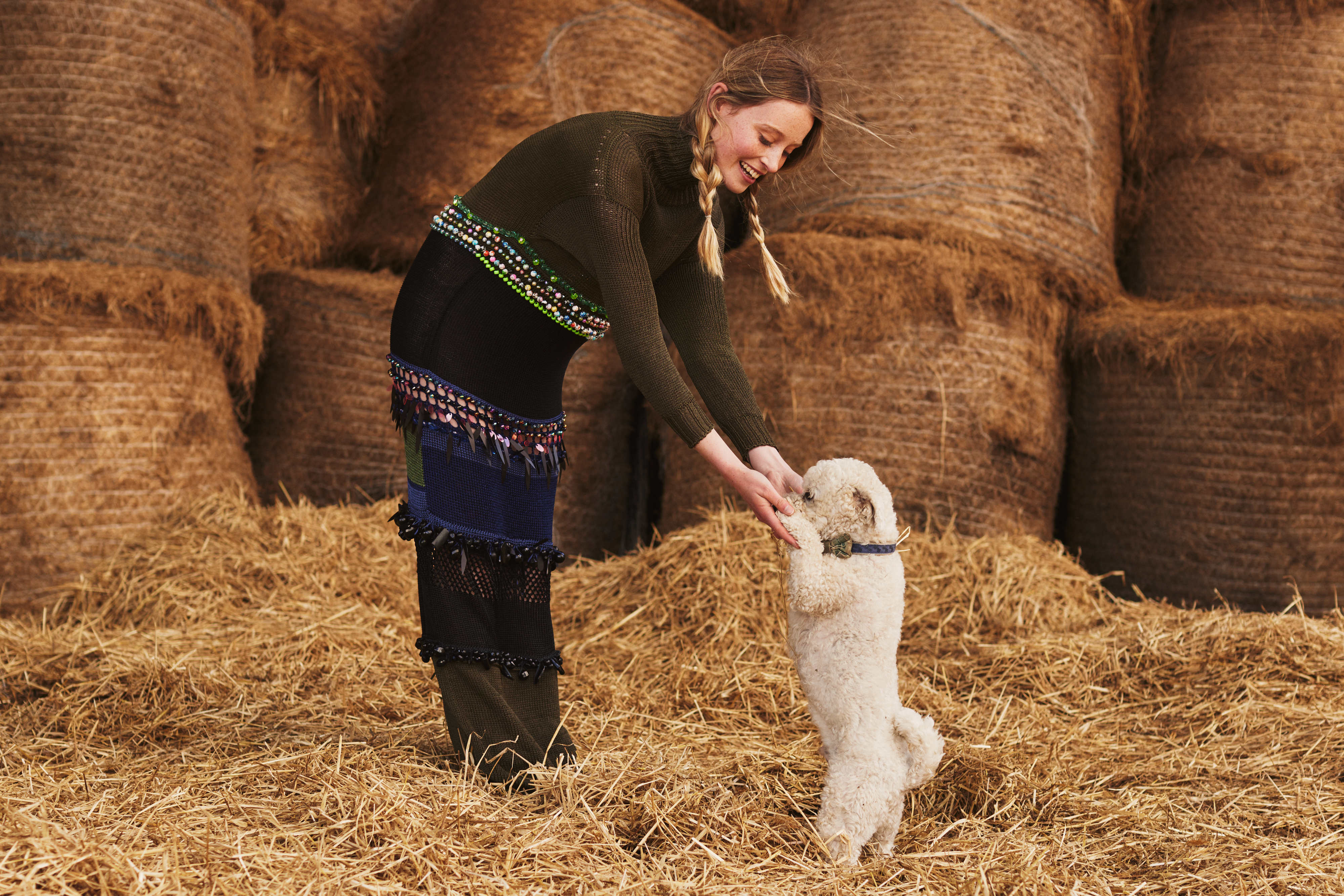 Stylish fashion editorial photoshoot in Dublin, Ireland, featuring a beautiful model unique pieces by Irish fashion designers. Photographed on a farm in Ireland, featuring horses and other farm animals. Photographed for Image Magazine by Alex Sheridan, with fashion stylist Anne O’Shea.