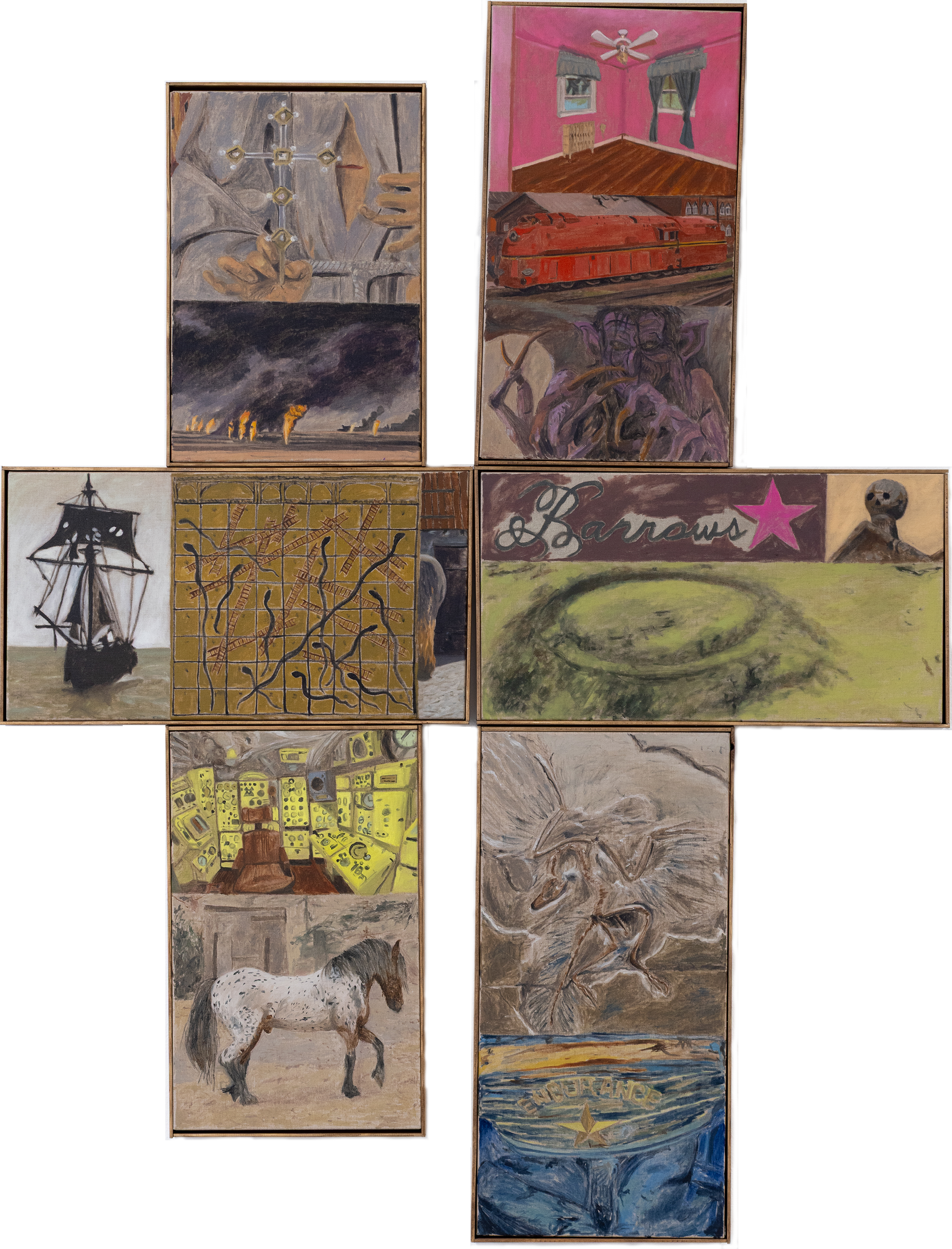 Jet Hexaptyph (Born for Burning, The Game, Machine Operator, Haunter Gatherer, Barrows, A Reason for Broken Wings) – 186 x 142 cm, oil on linen, pine frame, 2025