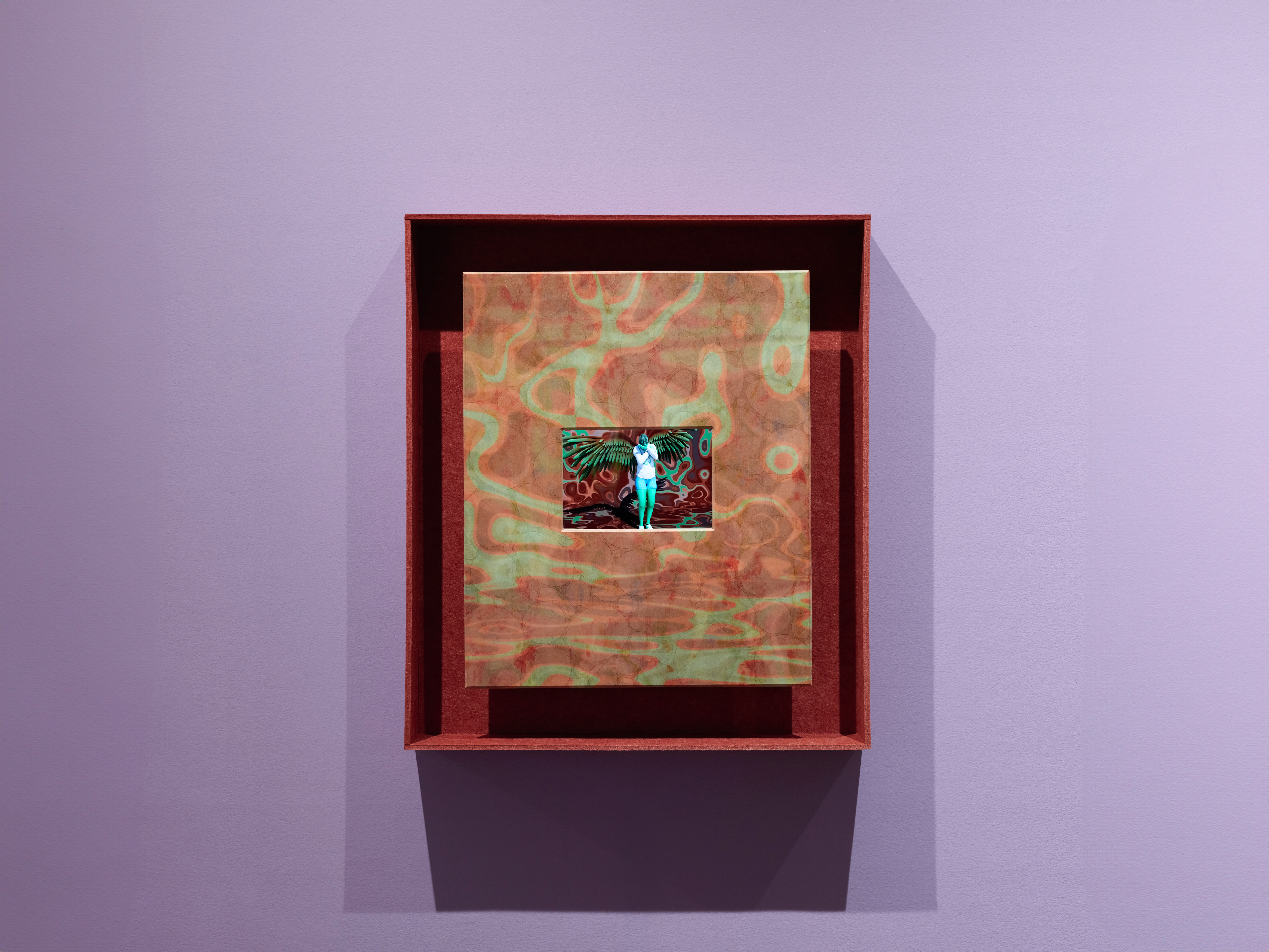 Claudia Hart Fallen Angel: Bertile (Illumination), 2024-2025 Video (color, sound), screen, media player, speaker, pigment suspended in resin, acrylic paint and varnish, ash wood, felt 30.5 x 26.5 x 5 in. / 77.5 x 67.3 x 12.7 cm 7 min 35 sec, loop