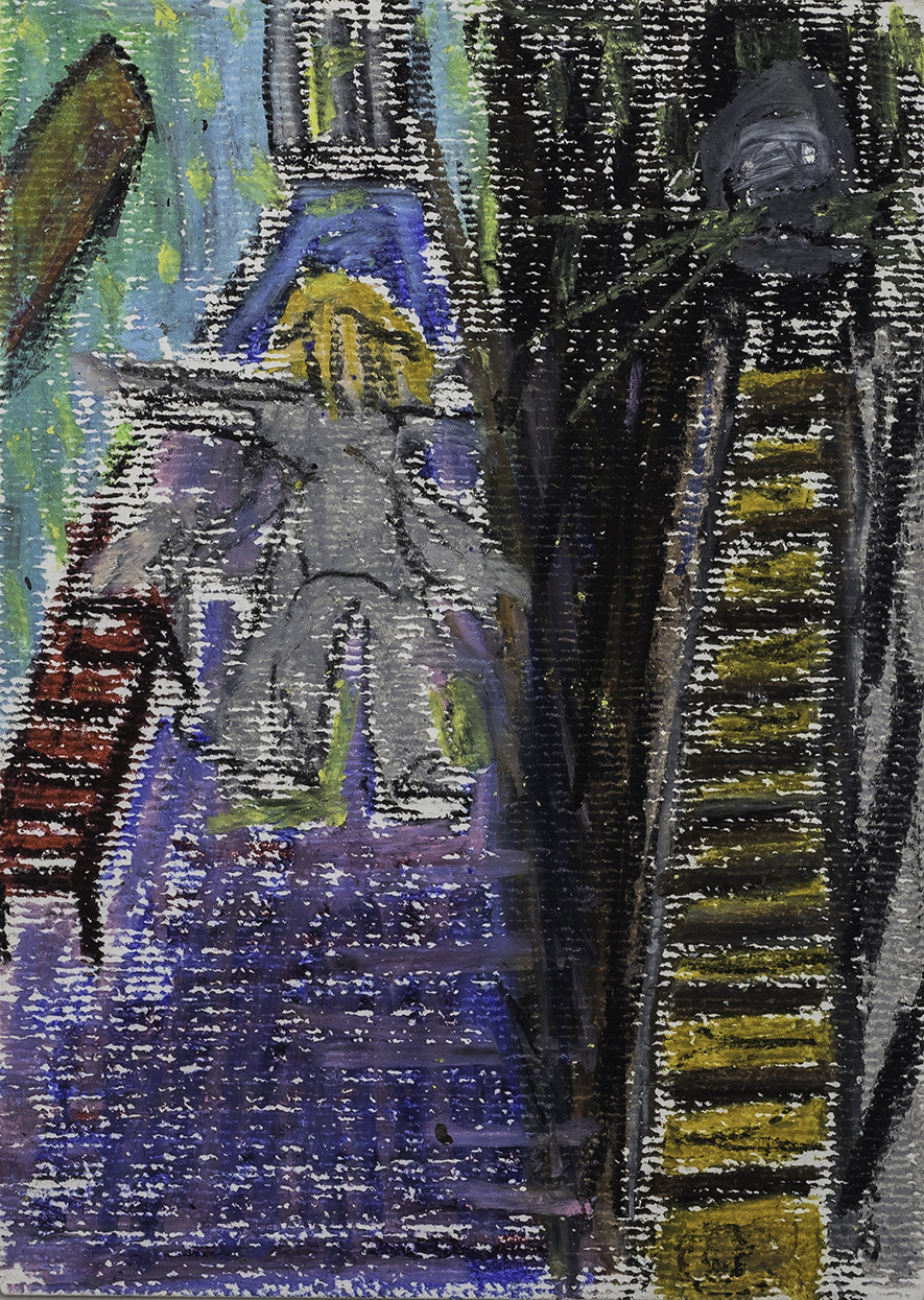 Crazy Homeless in NY Subway  (2021)  Interiorism & Exteriorism  5.9x8.3 in  Oil Bar on Cotton Paper