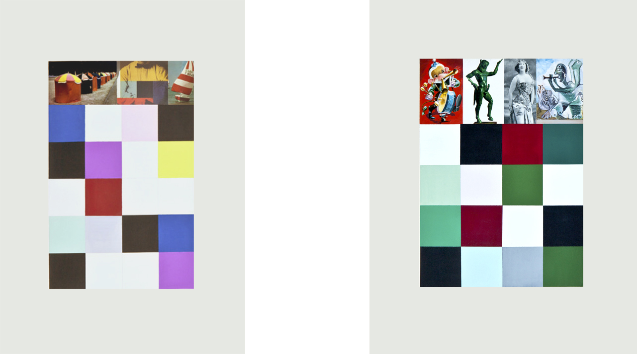 "Amicalement votre abstraction suisse" and "Like a Sex Machine (l'aubade)", 2010, Gouache and postcard, 120x80 cm