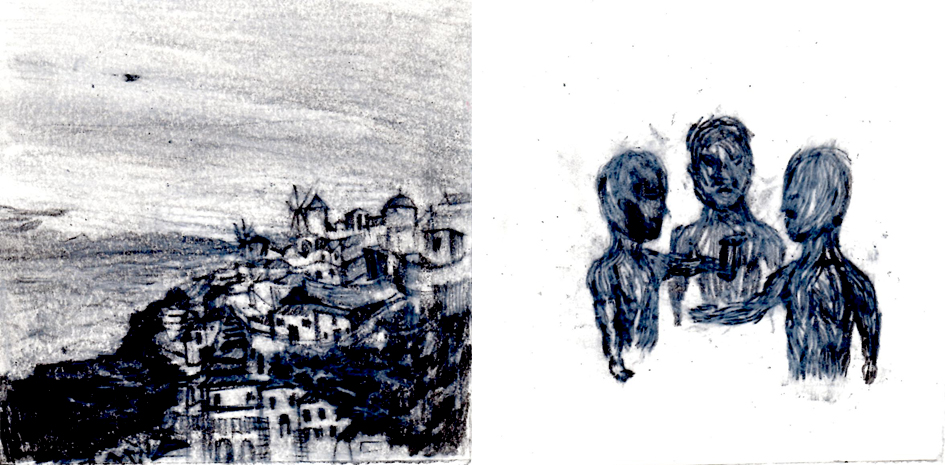 12. March 31th, 2016. Dream record, drawing / Keywords - 11 local friends, hot weather, Santorini, island, conversation, (movie - island, missing people)