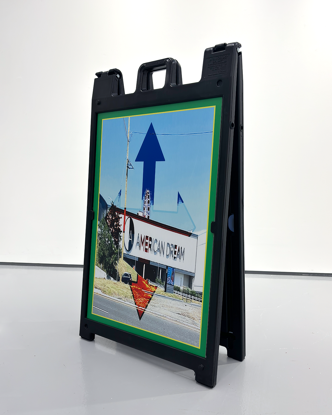 American Dream/Death Blossom, 2024. A-frame Signicade, 27 x 46 x 3 in, 68.5 x 116.8 x 7.6 cm