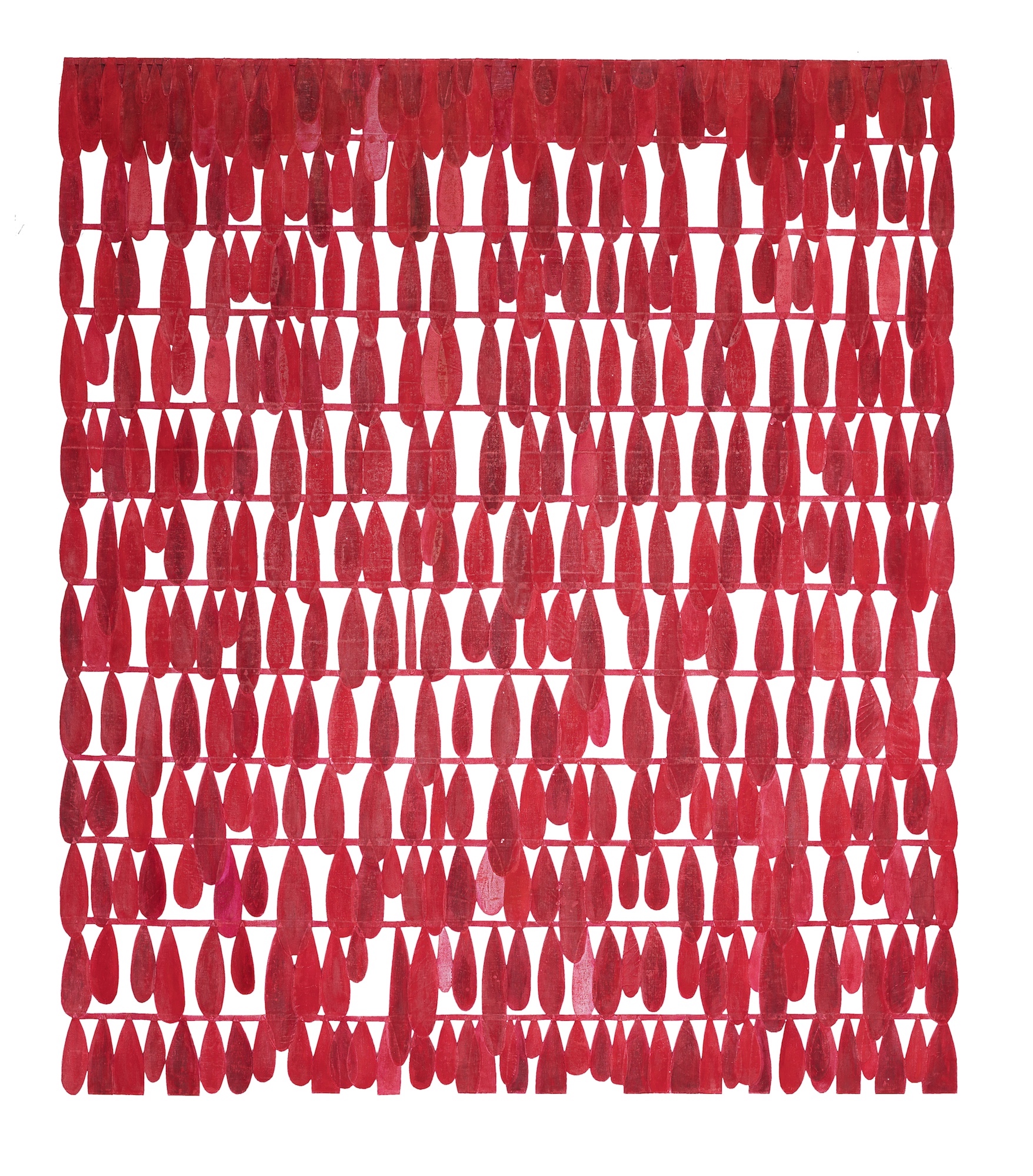  Blood Fall, 2022,  Color pencil, ink and oil on cut cloth. 110 x 100 cm