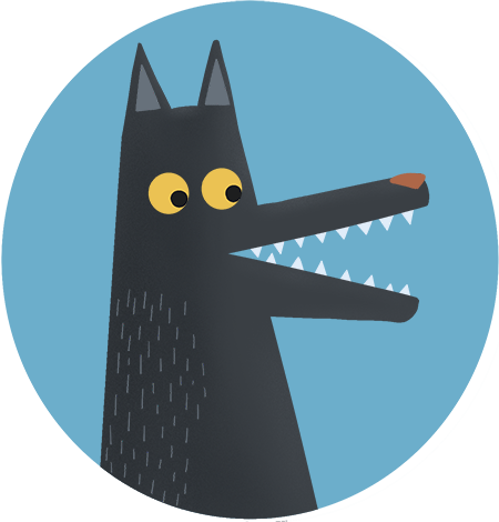 an illustration of a cartoon grey wolf with a big V shaped mouth filled with rows of V teeth. Despite his appearance, he looks very friendly 