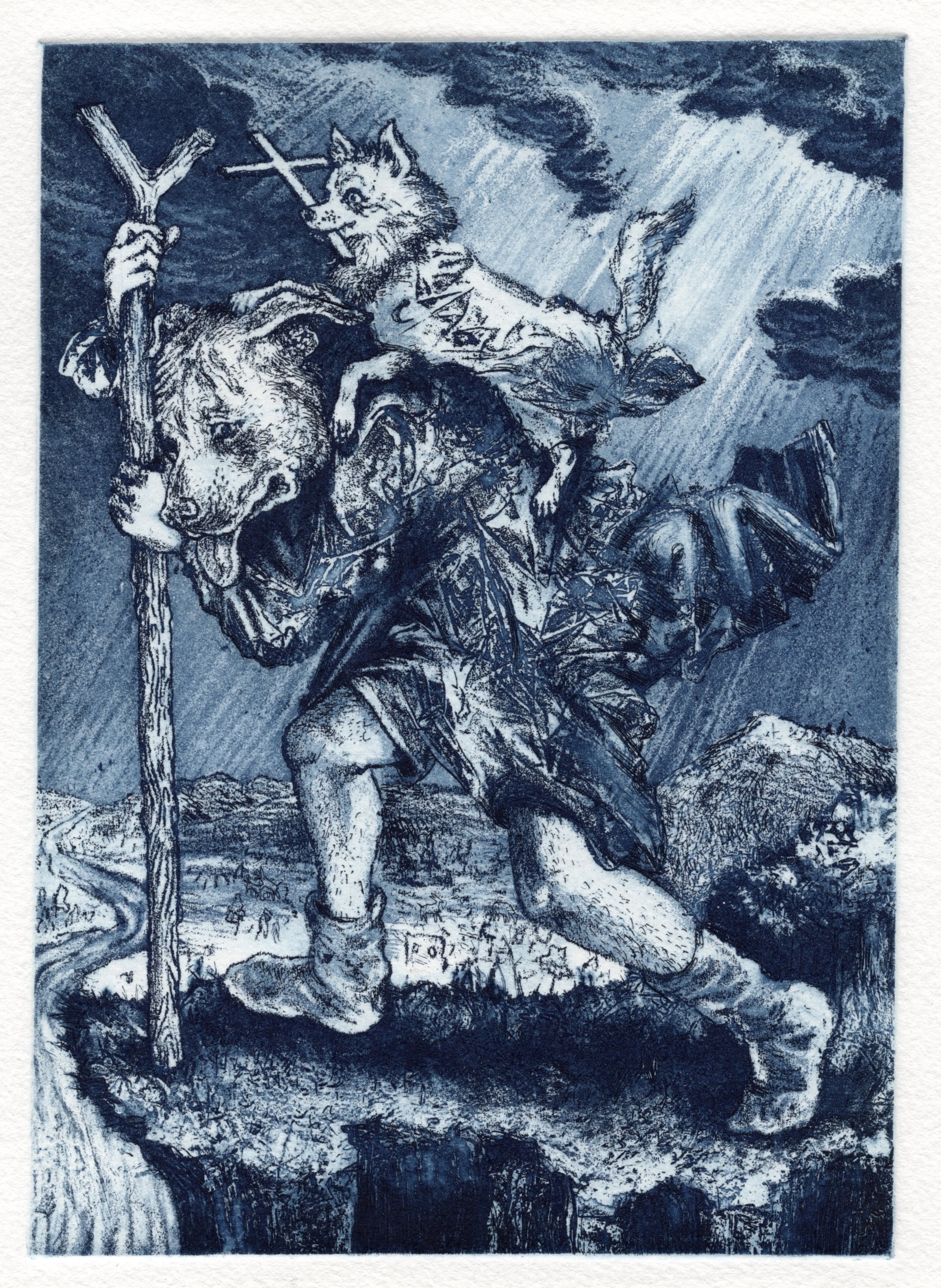 5" x 7." St. Christopher Plays the Fool/ Dog-God. Soywax softground, rosin aquatint, hardground and engraving