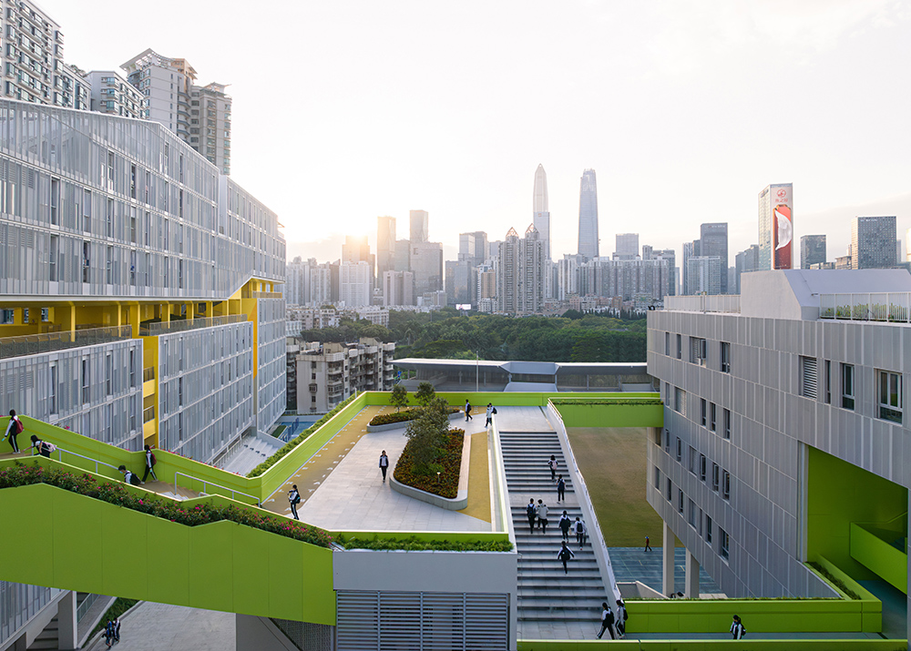 the roof of the media center as an elevated plaza overlooking the park
