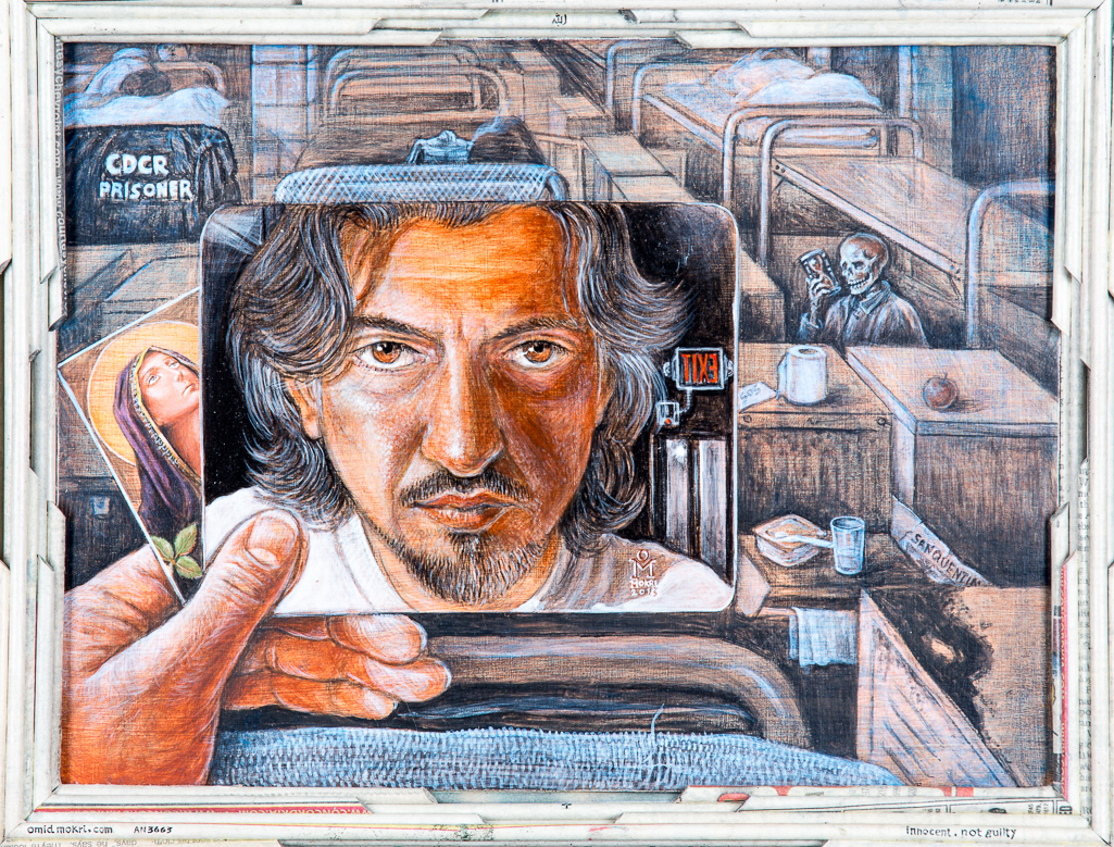 Self Portrait, 16 x 12", acrylic/panel, San Quentin newspaper