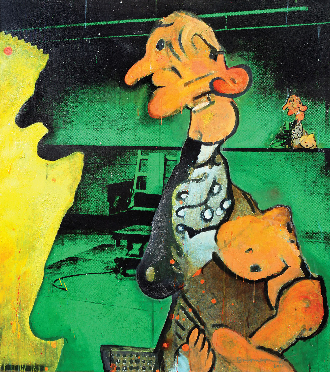 Two Faces Have Eye, 2014, Original acrylic with embellishments on canvas with printed background, 43 ¾ x 39 ¾ in.