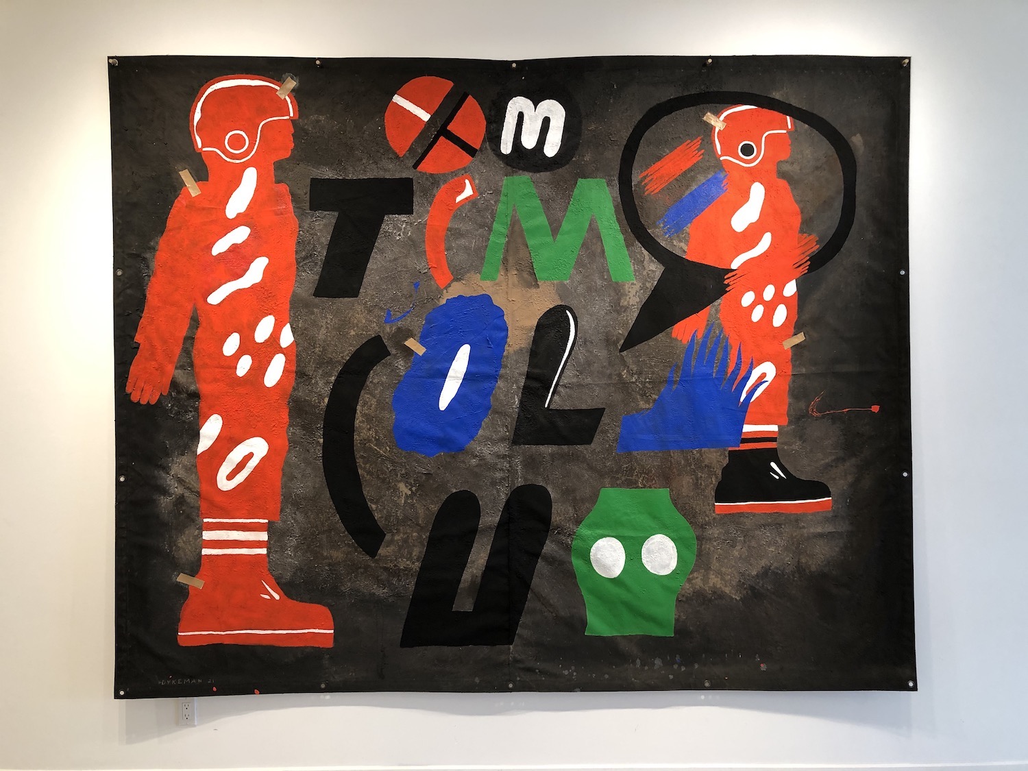 Two Red Men, 2021, Acrylic, paper and dirt on canvas tarp, 96 x 120 in.