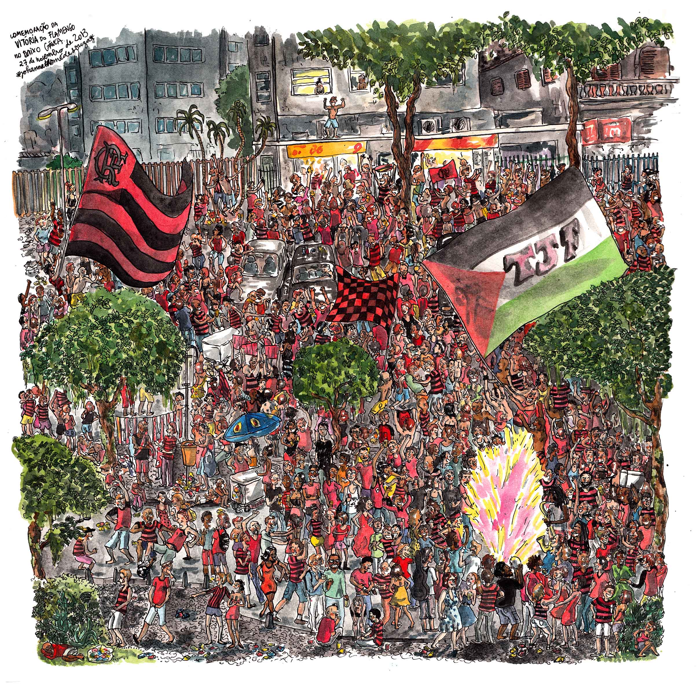 Victoire de Flamengo, Place Santos Dumont, 40 x 40 cm, aquarelle et encre de Chine
