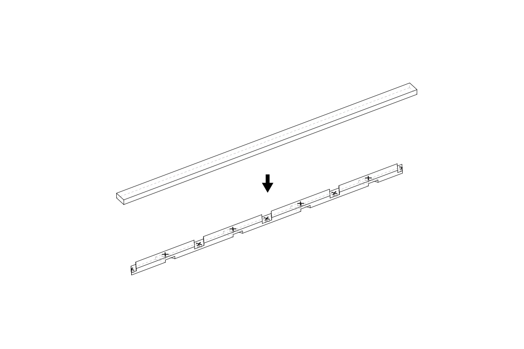 The milled building modules then notch together for a flush connection. At these points the modules are pinned together by a connector consisting of two sections of a standard angle steel profile.