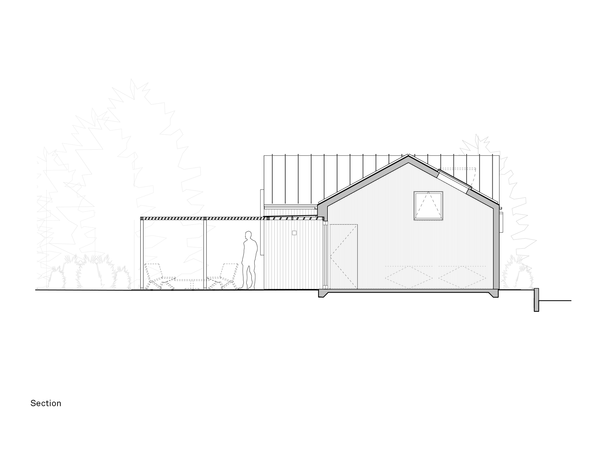 Architectural section drawing of the High Bar Pavilion, illustrating the height and structure of the building, the adjacent outdoor pergola, and the location of the concealed elevated storage loft.