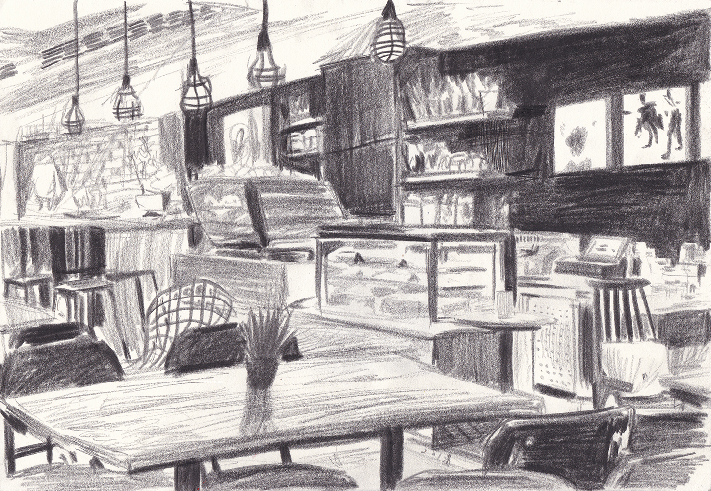 At the caf&eacute; in Taiwan, 2018, pencil on paper, 21*29.7(cm)