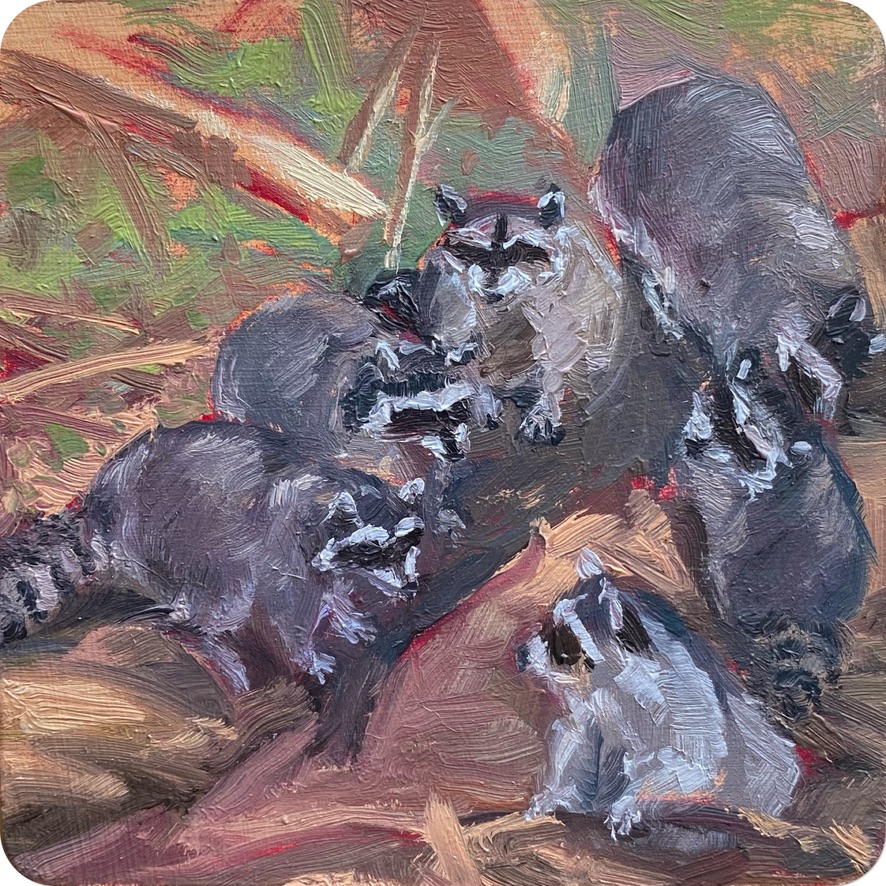 little bandits, 202410 x 10 cm oil on MDF coaster