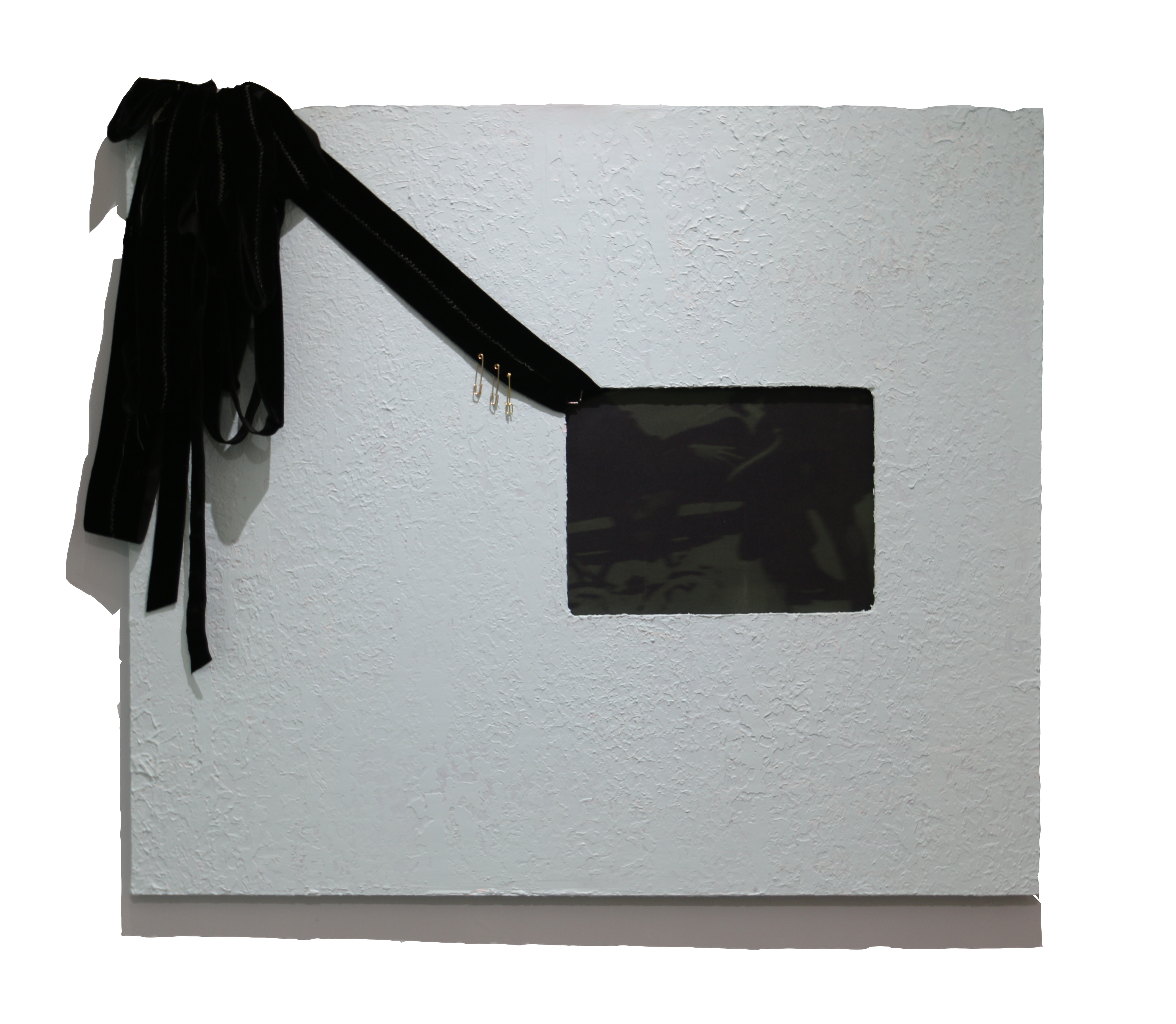 as much of a laughing game as: (the baby's shoes + fainting) (2023.) knockdown texture, wall paint, uv print, velvet ribbon, safety pins, wood +++ approx. 33" x 45."