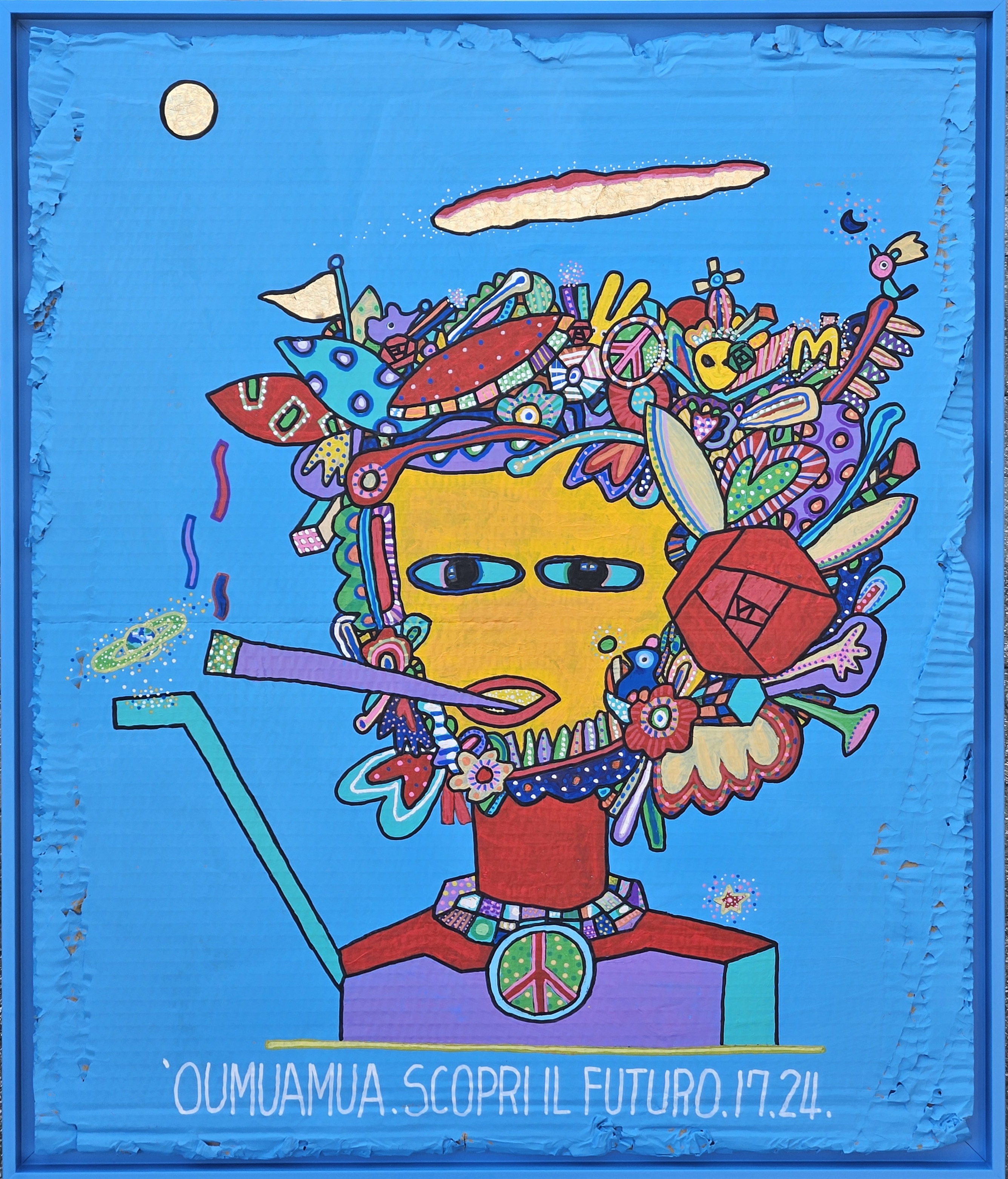 許願先生 - 'OUMUAMUA 探索未來.17.24 Mr.makeAwish – ‘OUMUAMUASCOPRIILFUTURO.17.24。Acrylic, metal foil, cardboard, Customized wooden frame , Cm 65x78 / 89.2x81.5 , 2024 