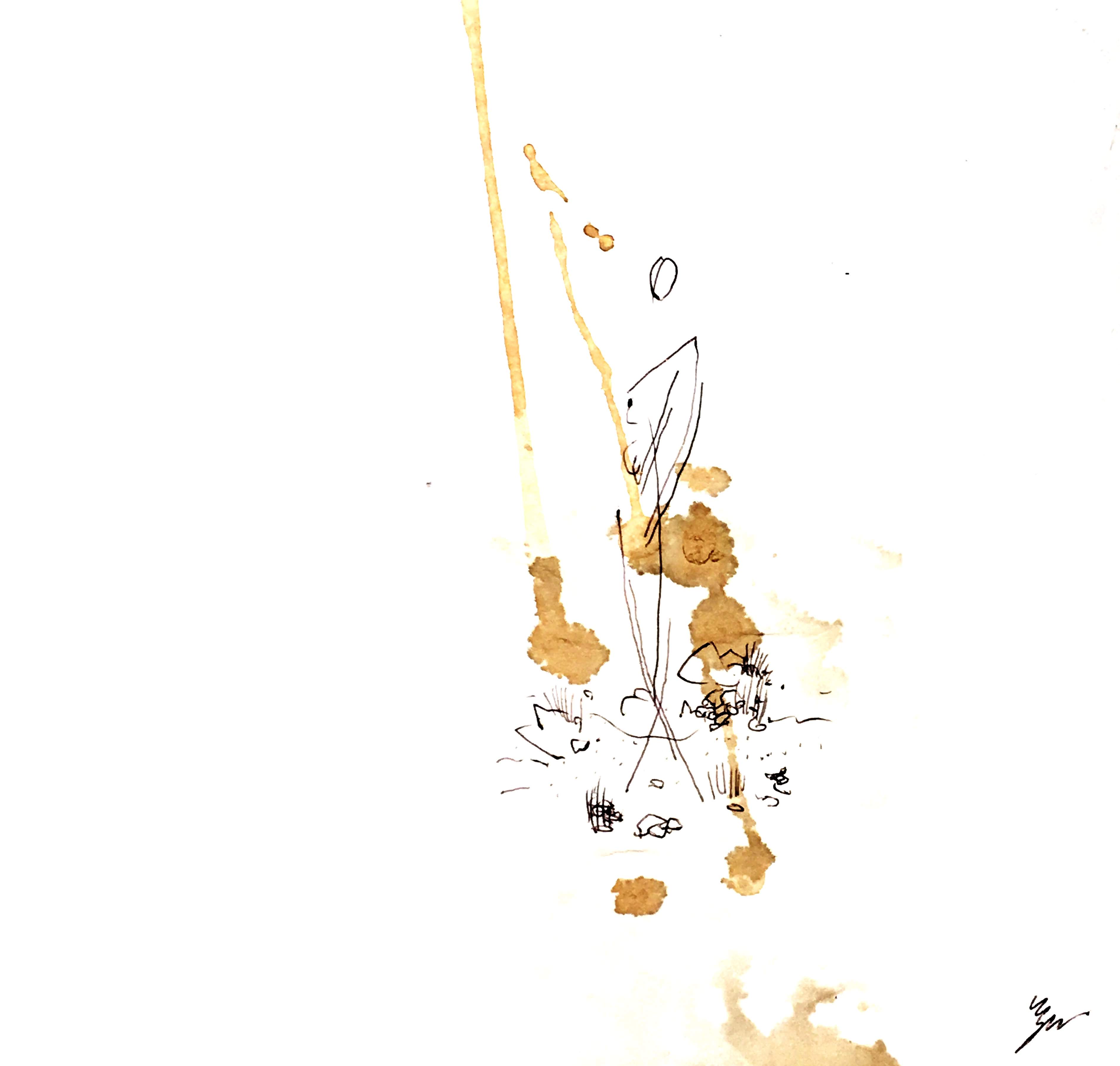 ‘torno a cair para o céu, torno a sagaz cria minha, em linha fria’, 2019, ballpoint pen and coffee on paper