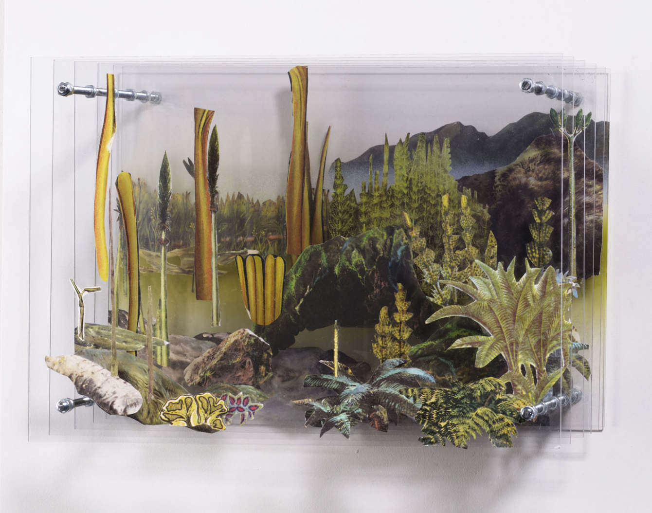 Diorama 5, collage on acrylic glass, steel,  23 x 32 x 21 cm, 2017