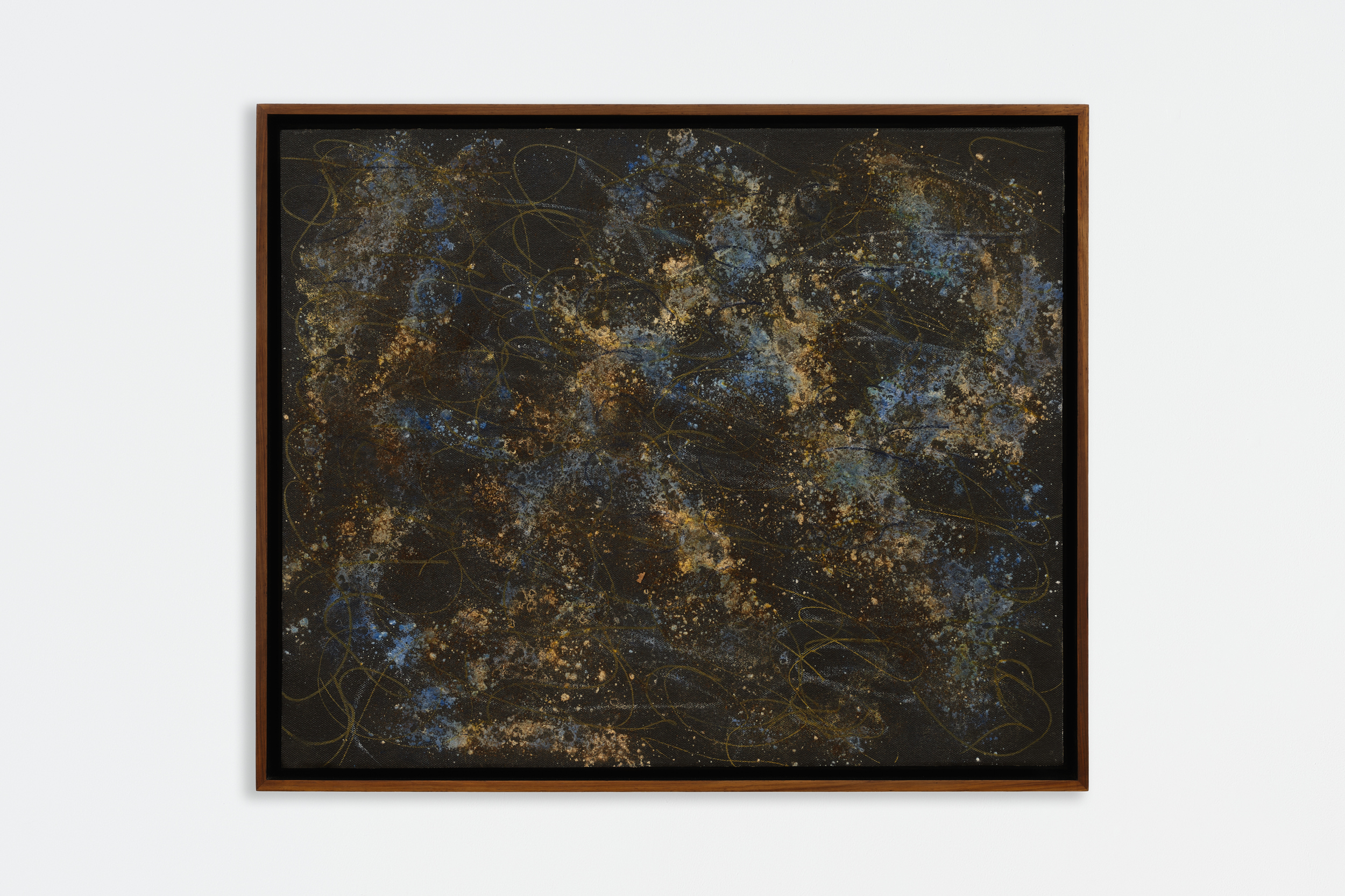 donna Kukama, You and I, buried in forgiveness (2025) | Acrylic, coffee, scouring powder, bleach, amnesia, acrylic marker, ink, and pastel on canvas, 42.5 x 51.5 x 5 cm