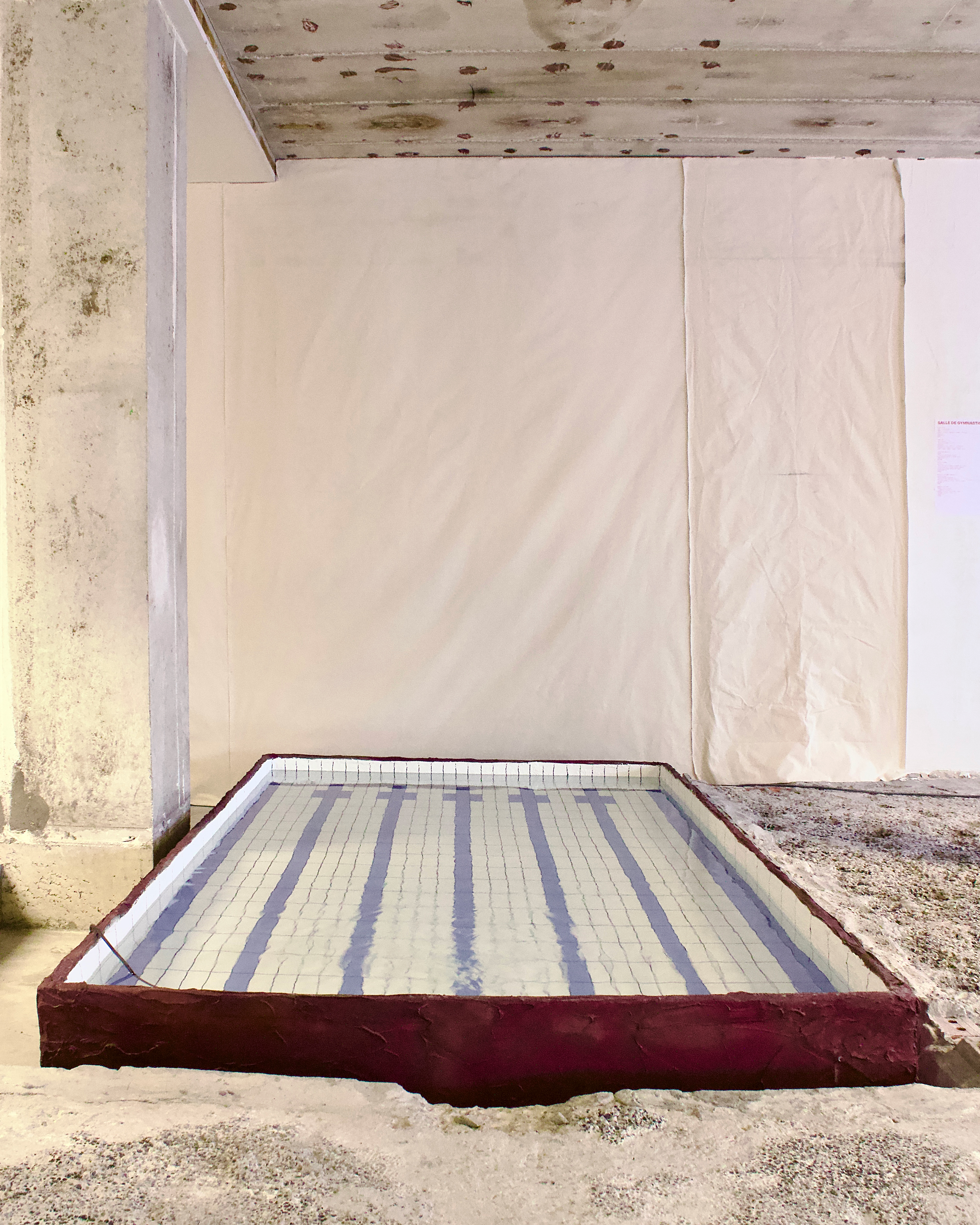 “You come and go like a swimmer in a pool” Wood, aluminium, tile glue, kerdi, lime mortar, waterproof mediums, waterproof paint, pigments, marker and water, 32x165x305cm, 2024