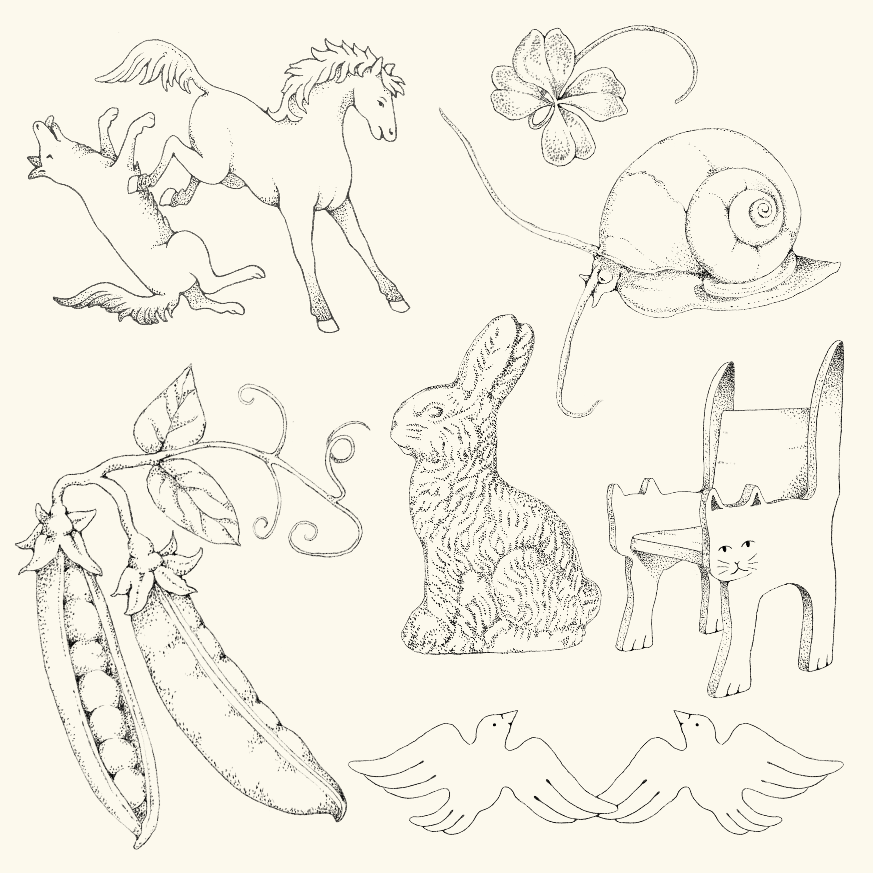 • Horse and wolf from vintage publication “Coton à Broder C.B. A La Croix Cartier Bresson”• Cat chair from early 20th century