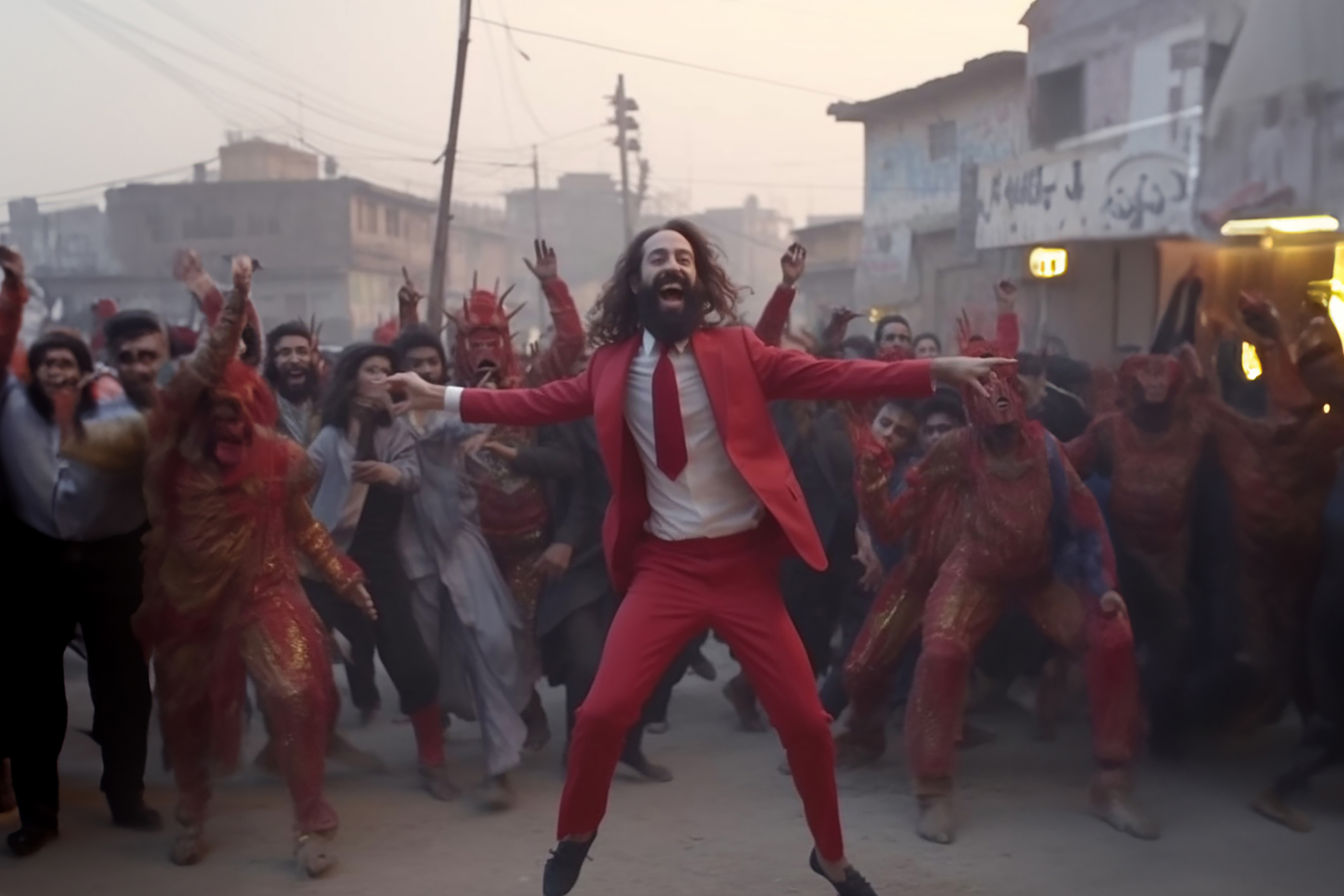 Image 1 of 2: A man in a red suit and curly long hair is jumping for joy in front of a crowd