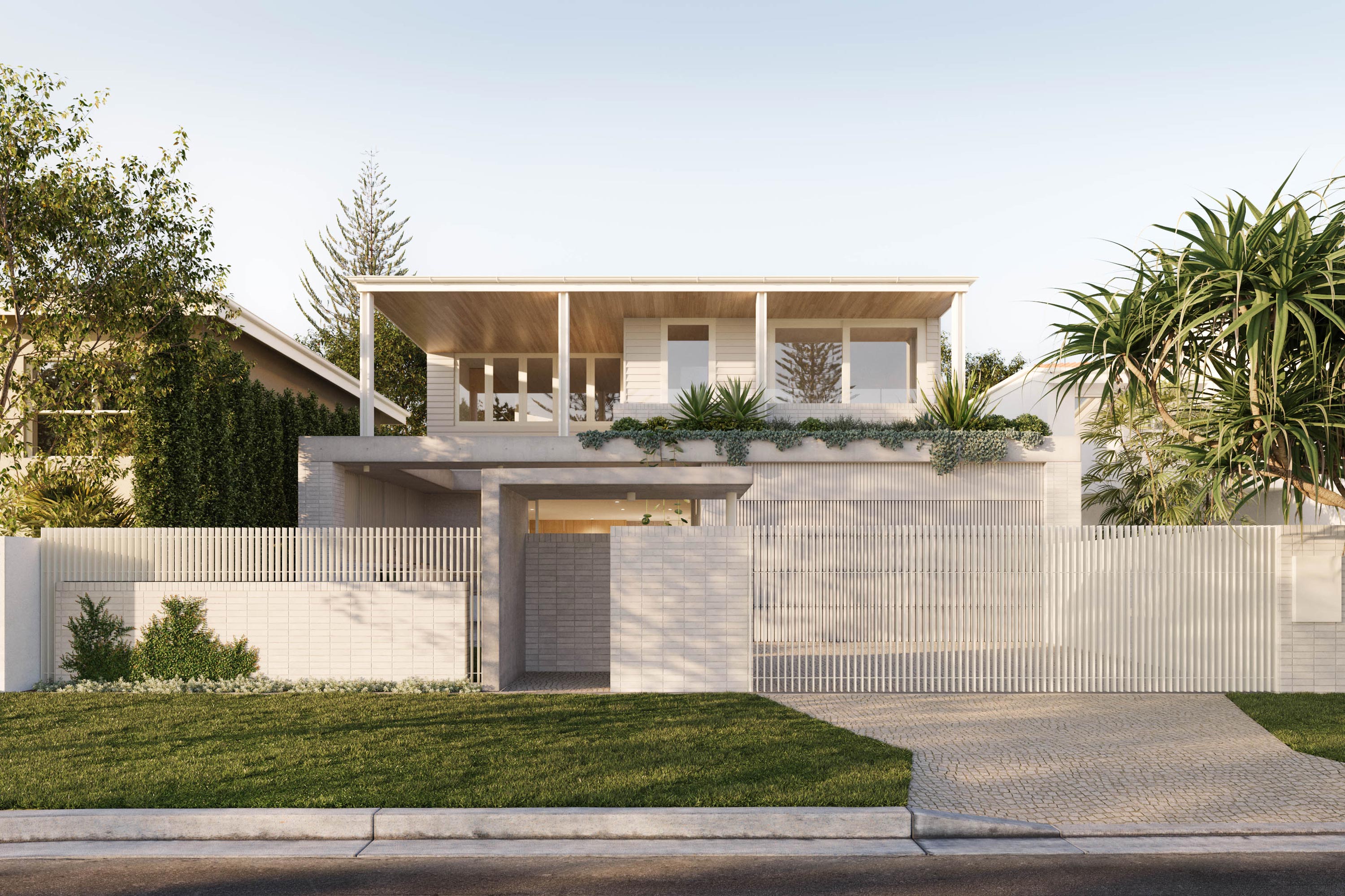 Street view of a stunning two storey home, featuring refined brickwork, white batten fencing and a timber soffit.
