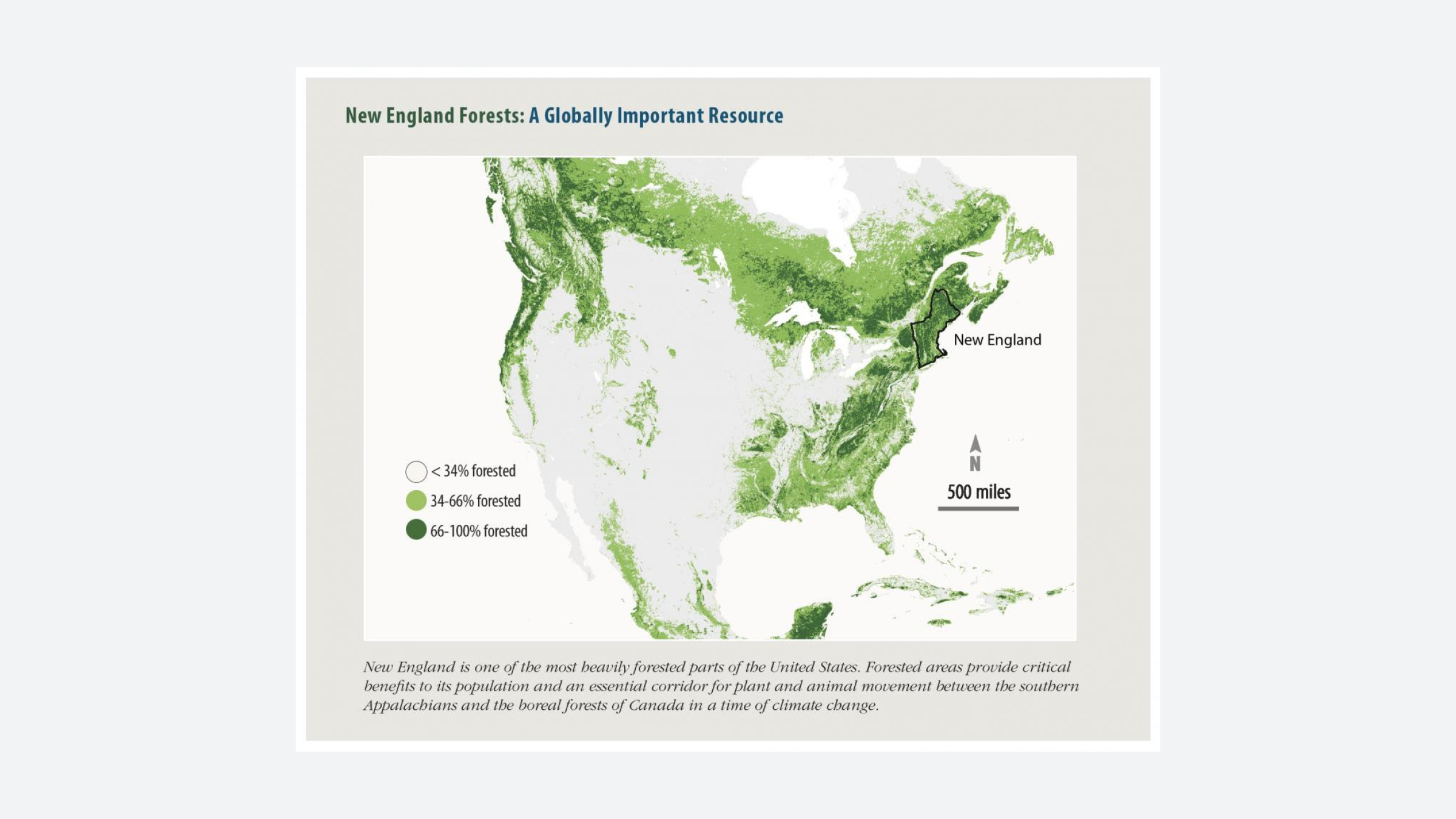 Fig. 15. “New England Forests: A Globally Important Resource.” Source: Wildlands and Woodlands 2017 Report. Data from: Hansen, M. C., R. S. DeFries, J. R. G. Townshend, M. Carroll, C. Dimiceli, and R. A. Sohlberg. 2003. Global percent tree cover at a spatial resolution of 500 meters: First results of the MODIS vegetation continuous fields algorithm. Earth Interactions 7:1–15.