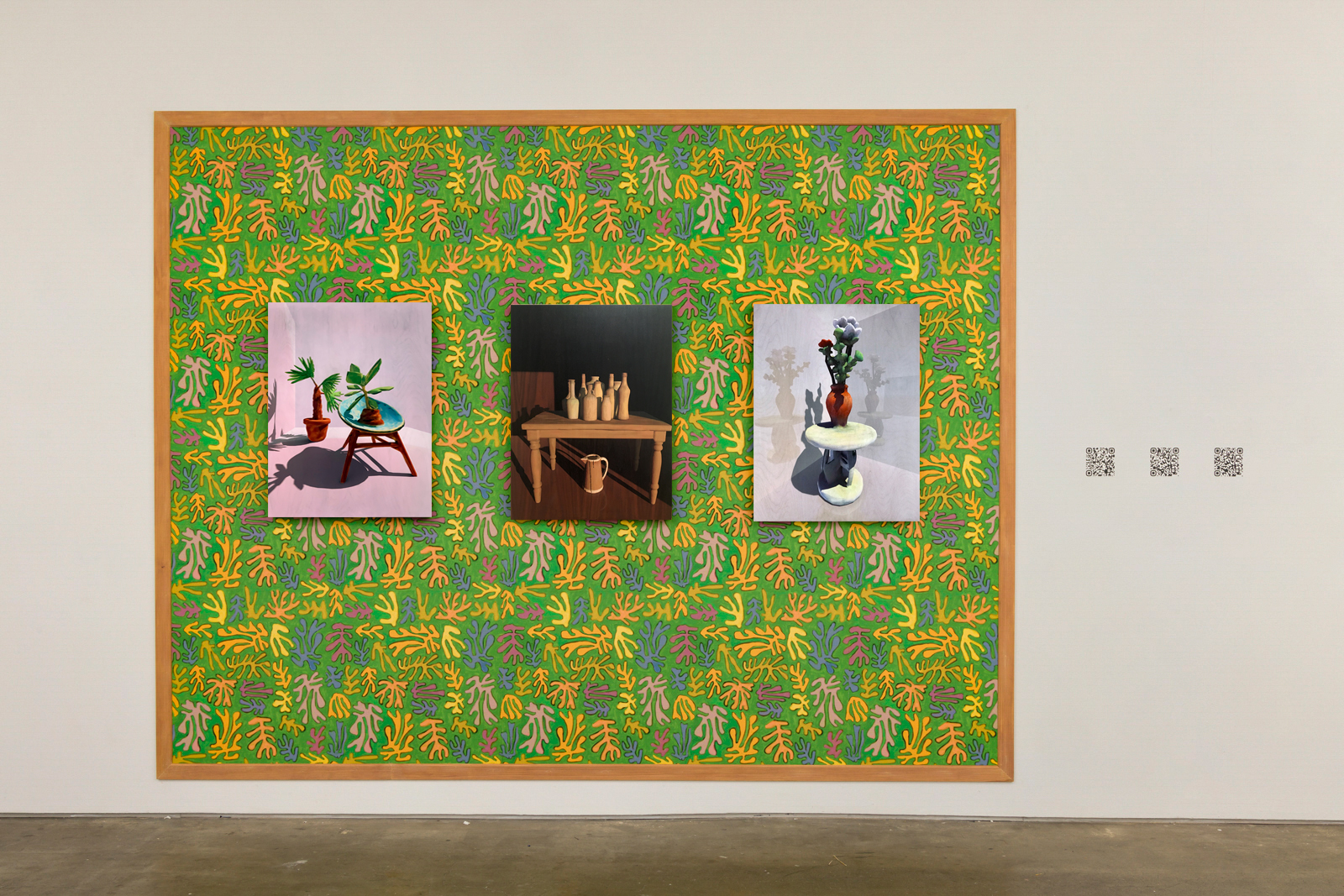 Ruins Installation, 2022, Honor Fraser Gallery, with augmented-reality Matisessesque wallpaper and QR codes linking to web-based augmented-reality app.
