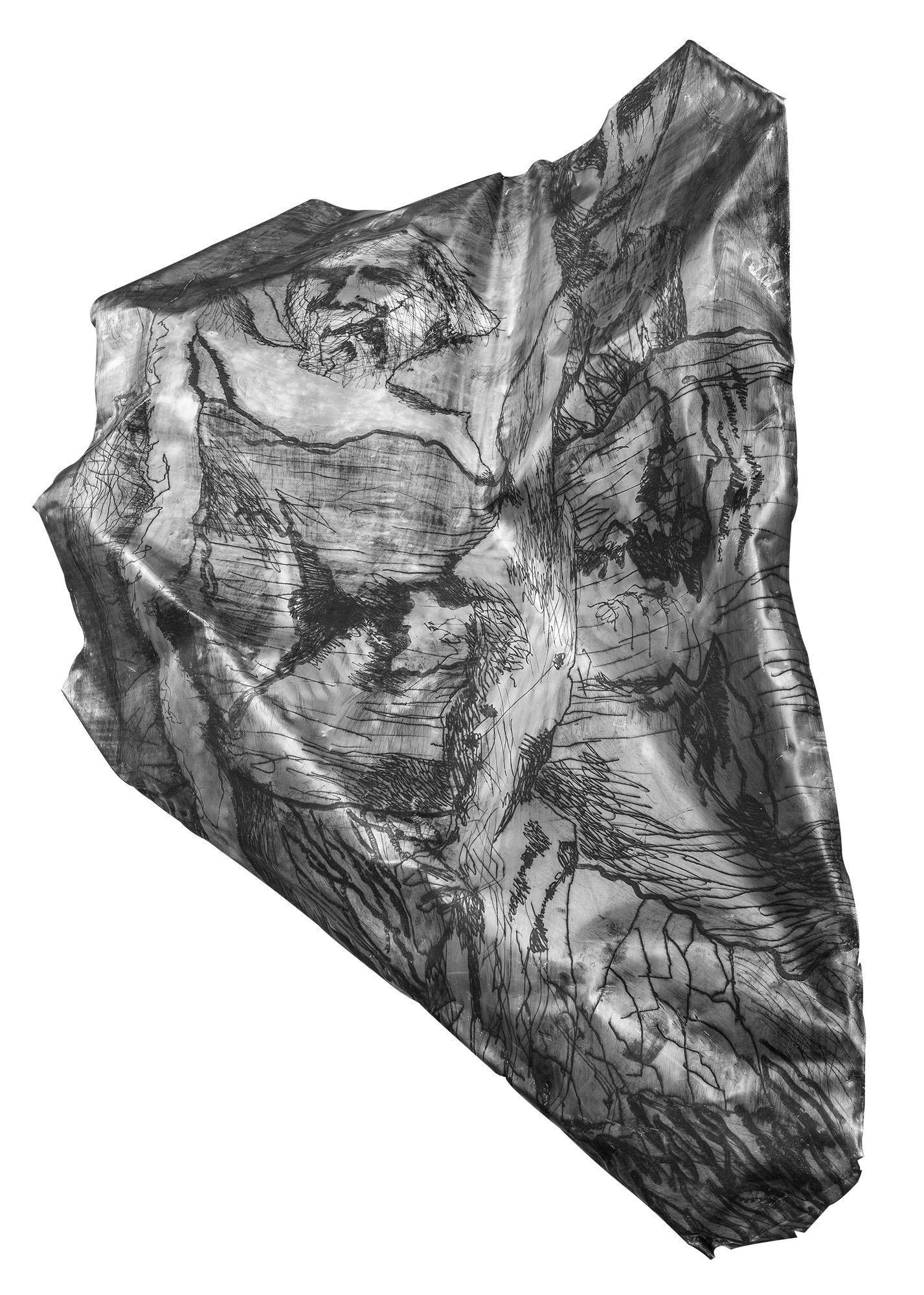 Due figure con grande volto tra le bracciaaluminium and intaglio ink, 82x200x115cm, 2025 · info