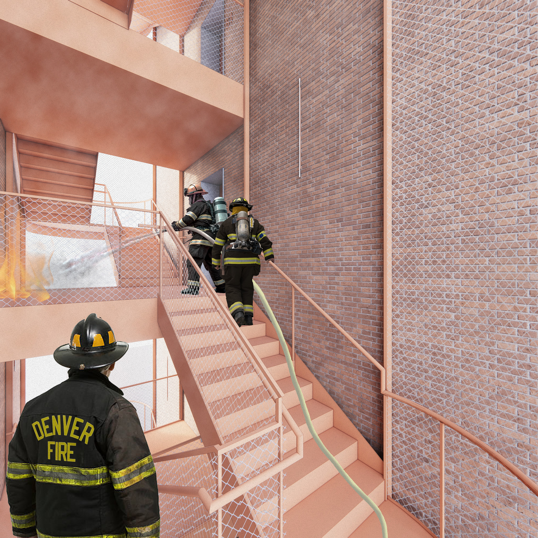 In the case of a fire, the stair allows firefighters to see multiple levels more easily (normally views are obstructed by the stacking of the stairs).
