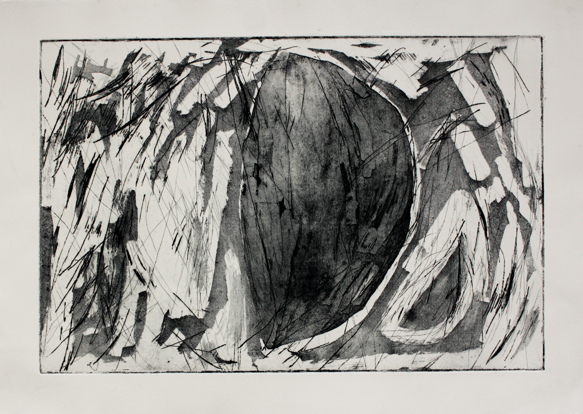 Lifting Shadows (2016). Intaglio, aquatint and drypoint on paper. 16x20 inches.