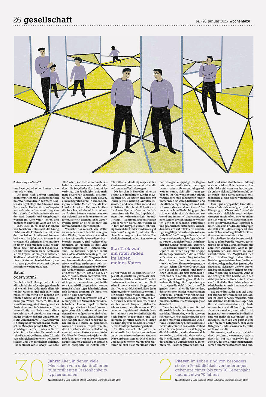 Illustration für die taz: Ein Mann betrachtet jüngere Versionen seiner Selbst in einem Spiegellabyrinth