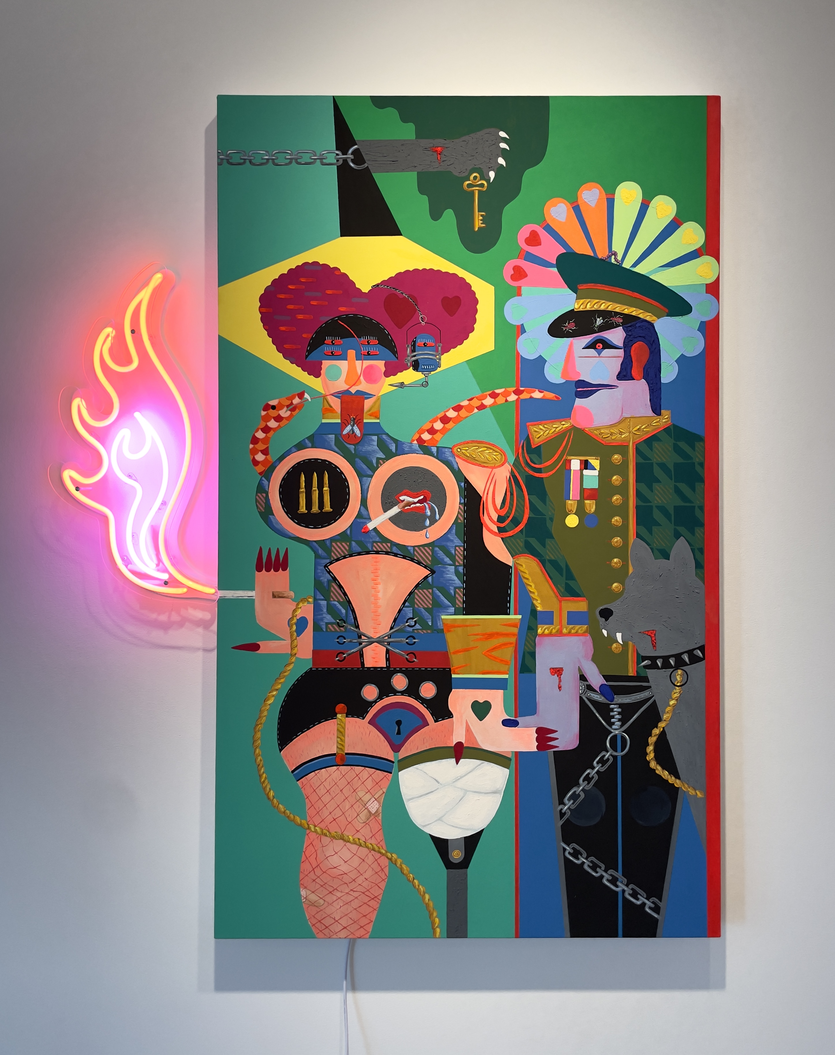 Timothy Siciliano, Cha&icirc;ne de Commandement [Contact Direct Autoris&eacute;] (Chain of Command [Direct Contact Authorized]), 2026, Acrylic, Flashe, Kremer Pigments, on Canvas w/ neon flame. 60 x 48 in.