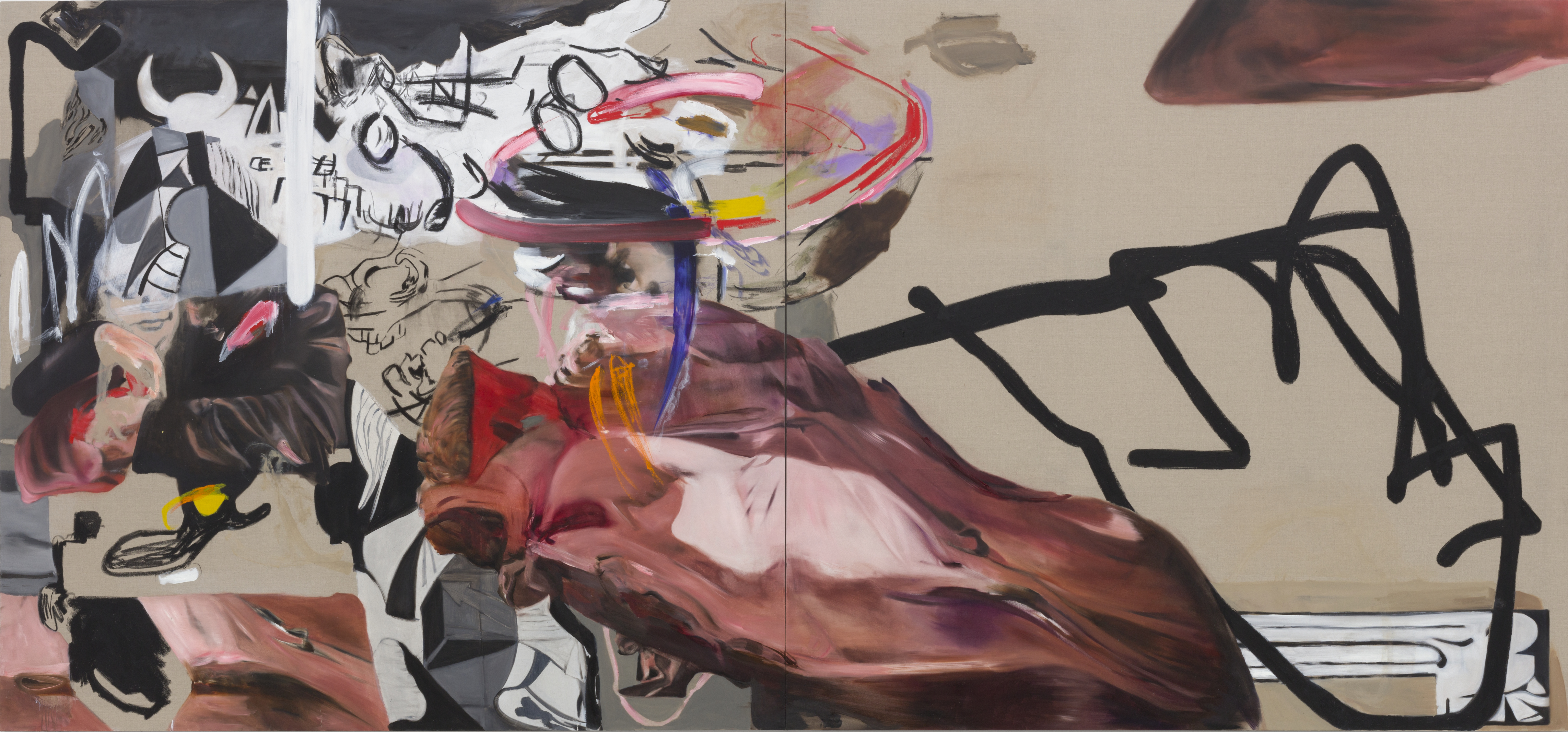 The Escape, 2024, huile, bâton d'huile, acrylique, fusain et stylo-bille sur toile, 200x430cm