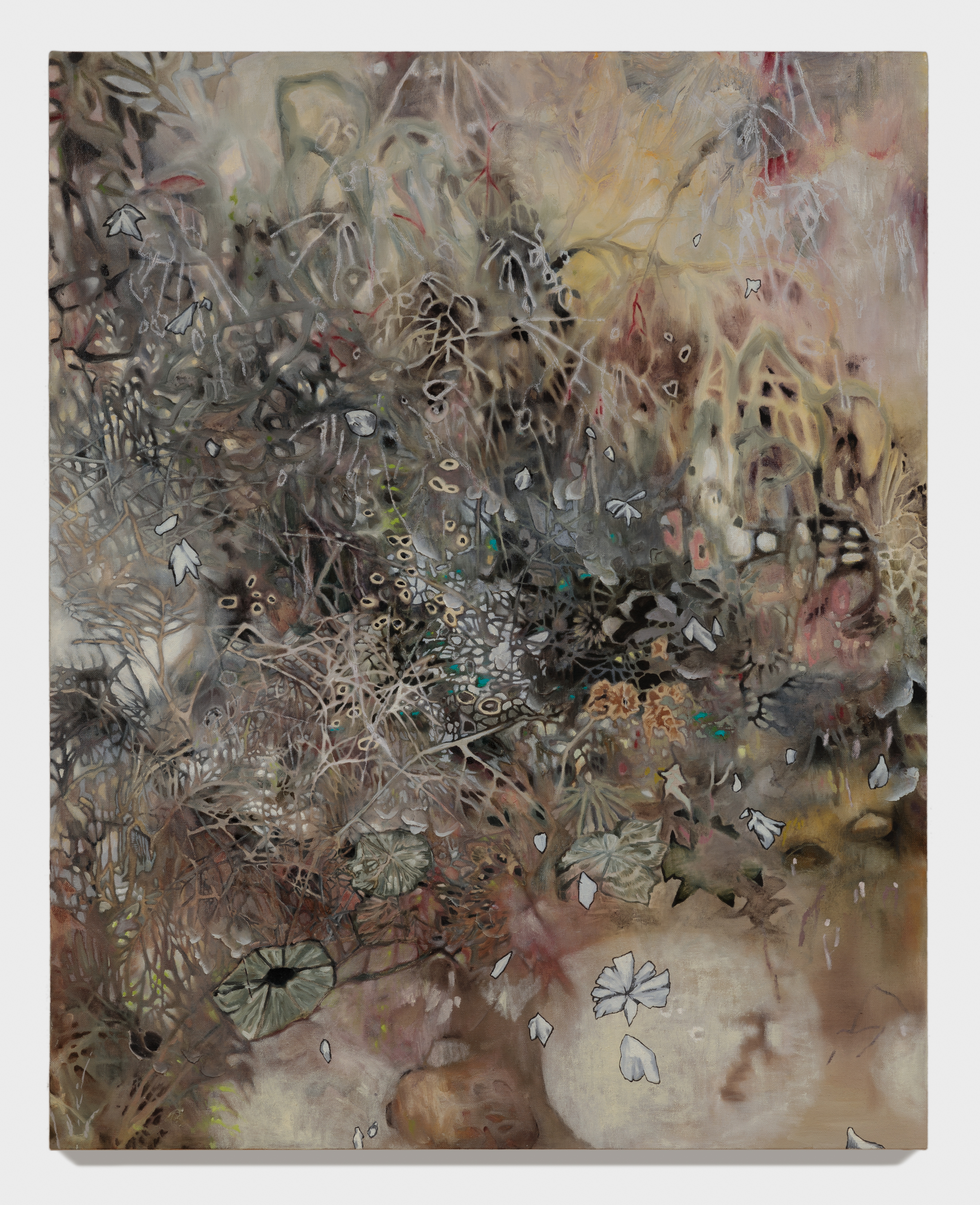 moment in late frostoil and wax on linen panel50x40"2023Looking into the dry branches and the gnarled icy biota along the bank of the Allegheny, in the heart of winter, strange forms coaxed themselves forward—"Nothing would give up life:Even the dirt kept breathing a small breath."