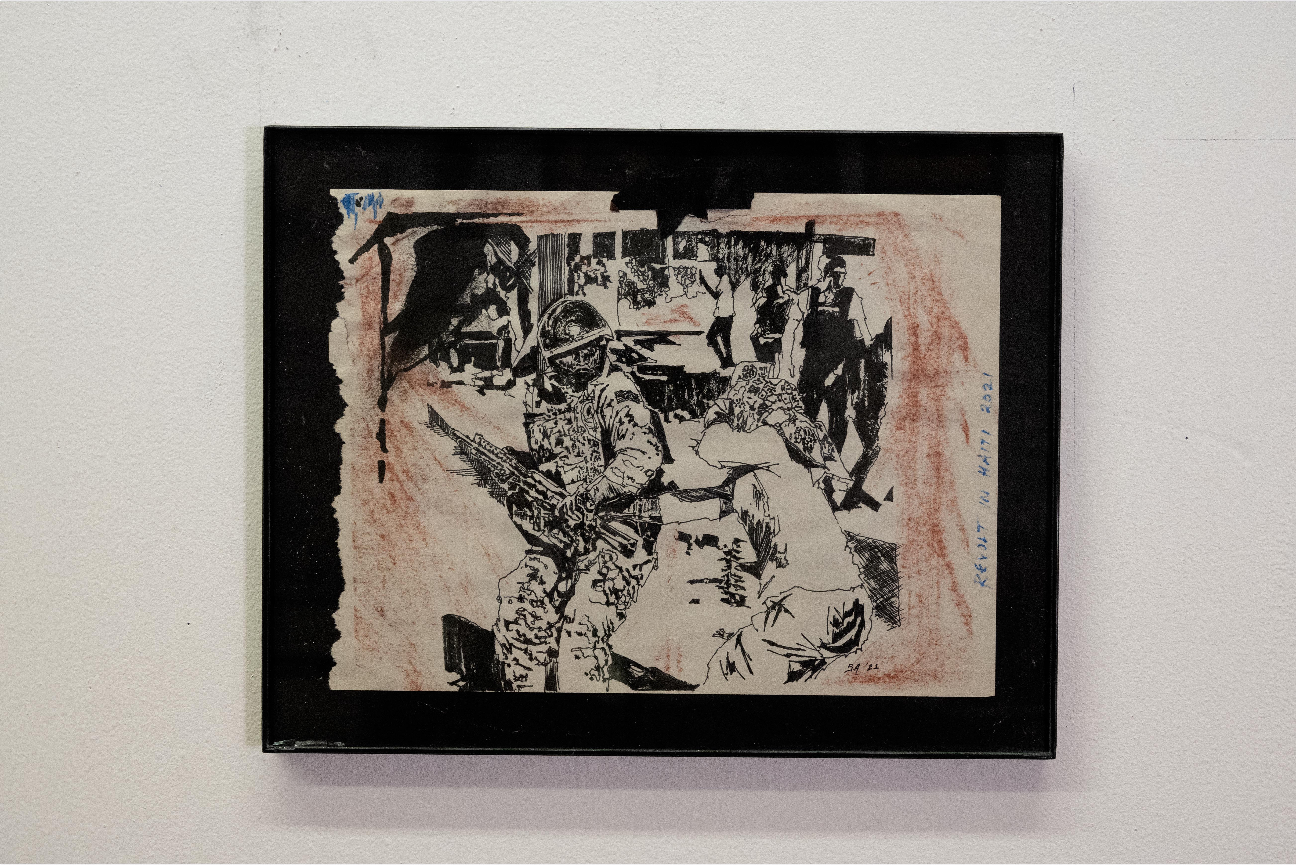 Revolt in Haiti 2021, 2021, Pen, Conte Crayon and Acrylic on Newsprint, 9 x 12