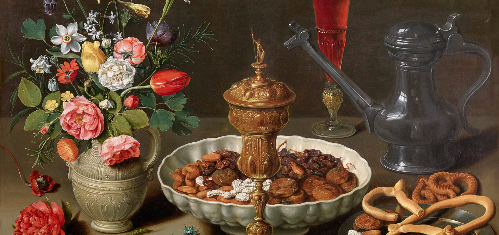 Still Life with Flowers, Goblet, Dried Fruit, and Pretzels (1611) Clara Peeters