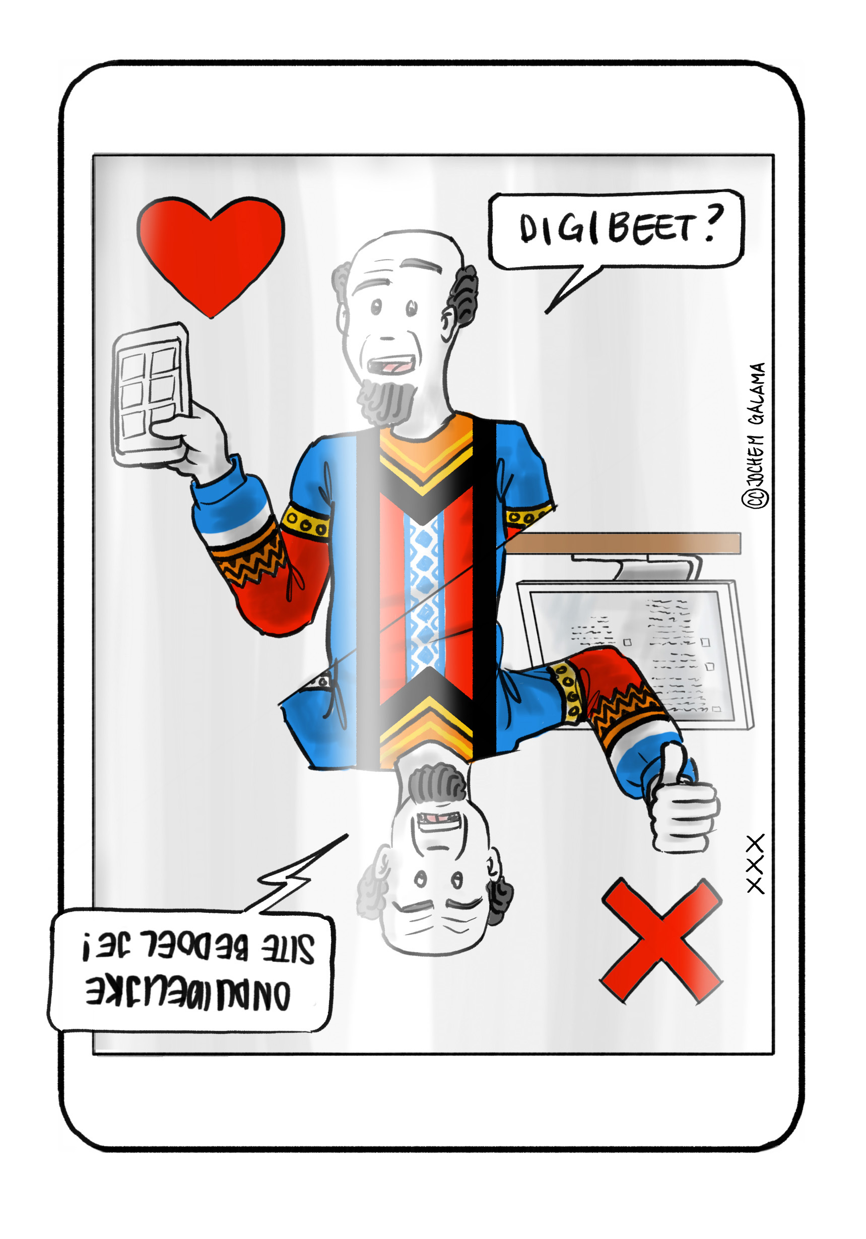 Illustratie dat moeilijkheden met het gebruik van websites niet aan de gebruiker liggen, maar aan de gebruiksvriendelijkheid van de websites zelf. 'Digibeet? Onduidelijke site bedoel je!' '