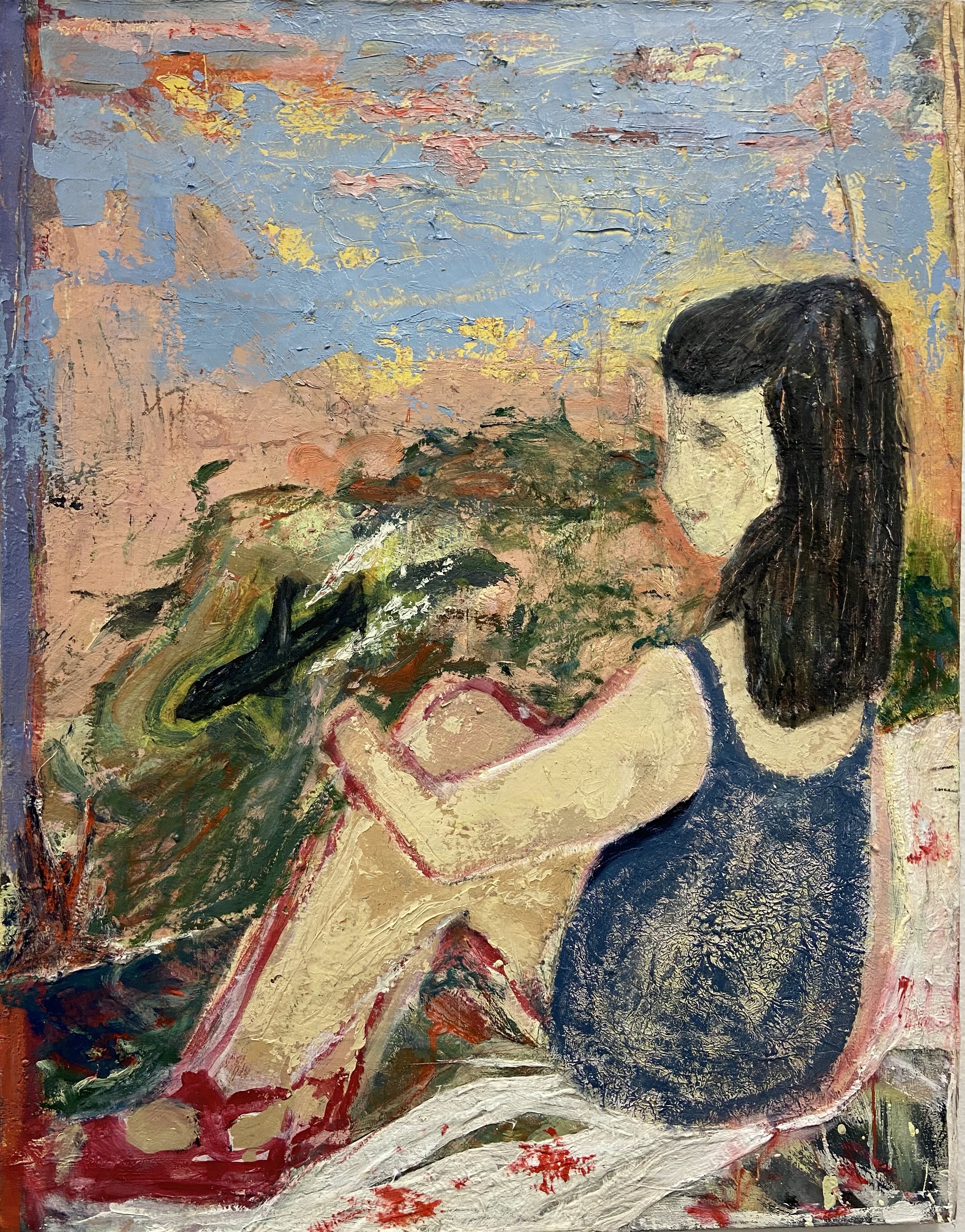 Watching Plane, 28'' x 36'', mixed media on canvas, 2020