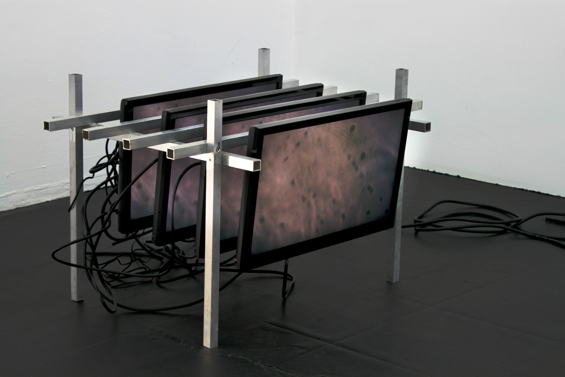 Redundantv, 2018, schlieren videograph of cpu hard drive exhaust, extruded aluminum, screens, various electronics, 18 x 22 x 28 in. (46 x 56 x 71 cm), 10 minutes looped.