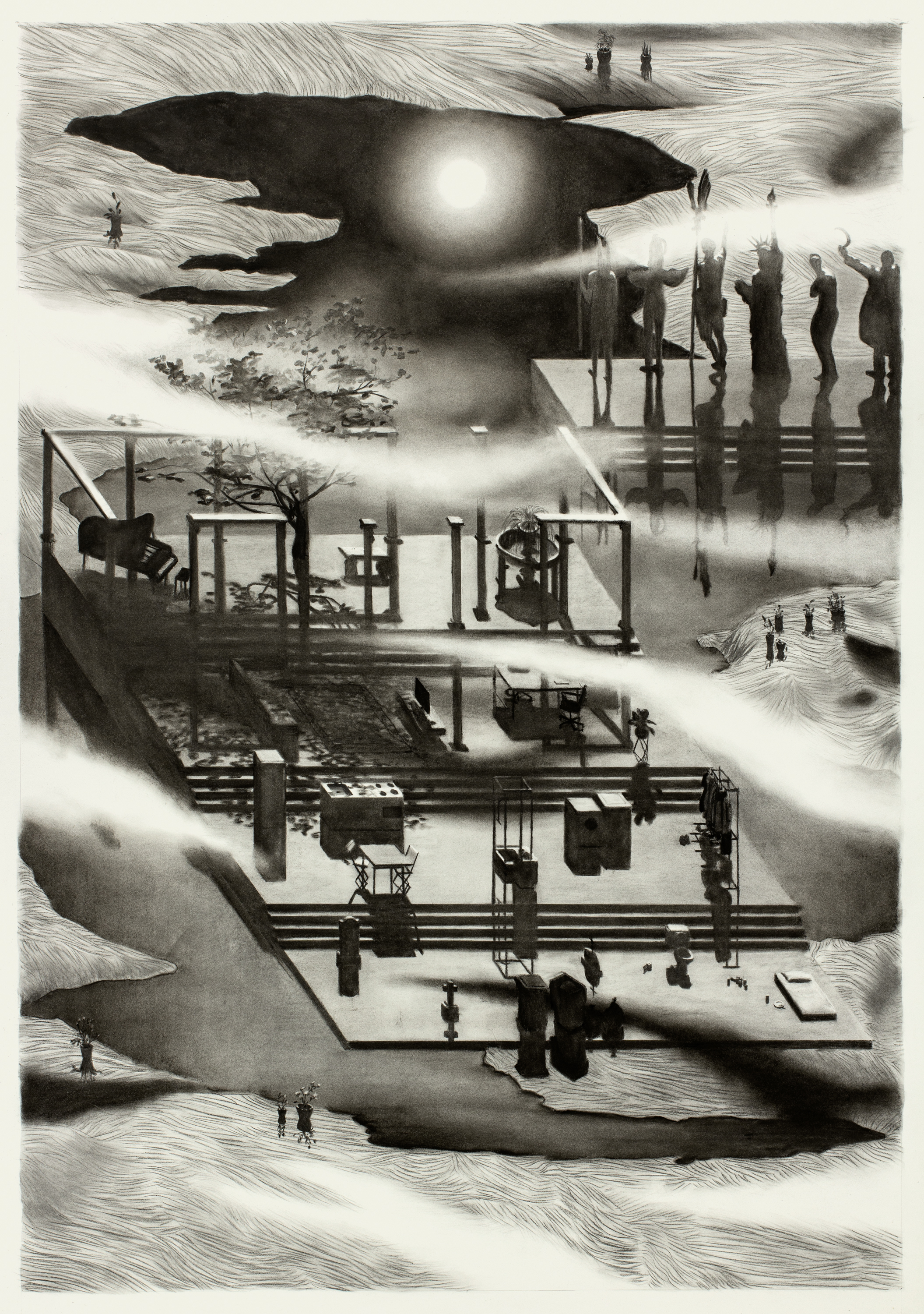 Offrandes. 2022-23. Charcoal on paper / fusain sur papier. 57" x 40.5" (145 x 103cm)