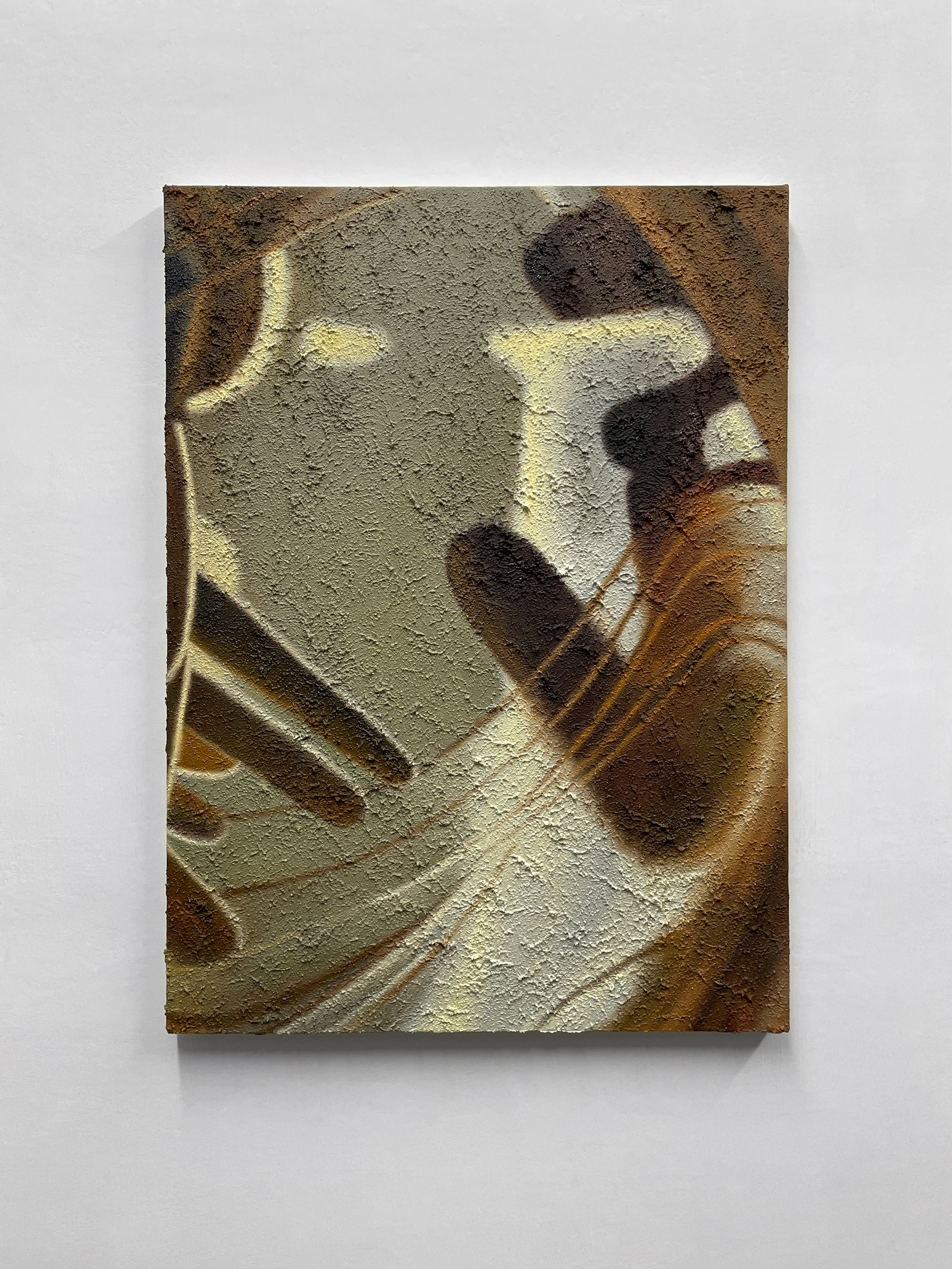 Brushes in SolventSoil, sand, dust, acrylic, oil on canvas, 59x44 cm, 2025