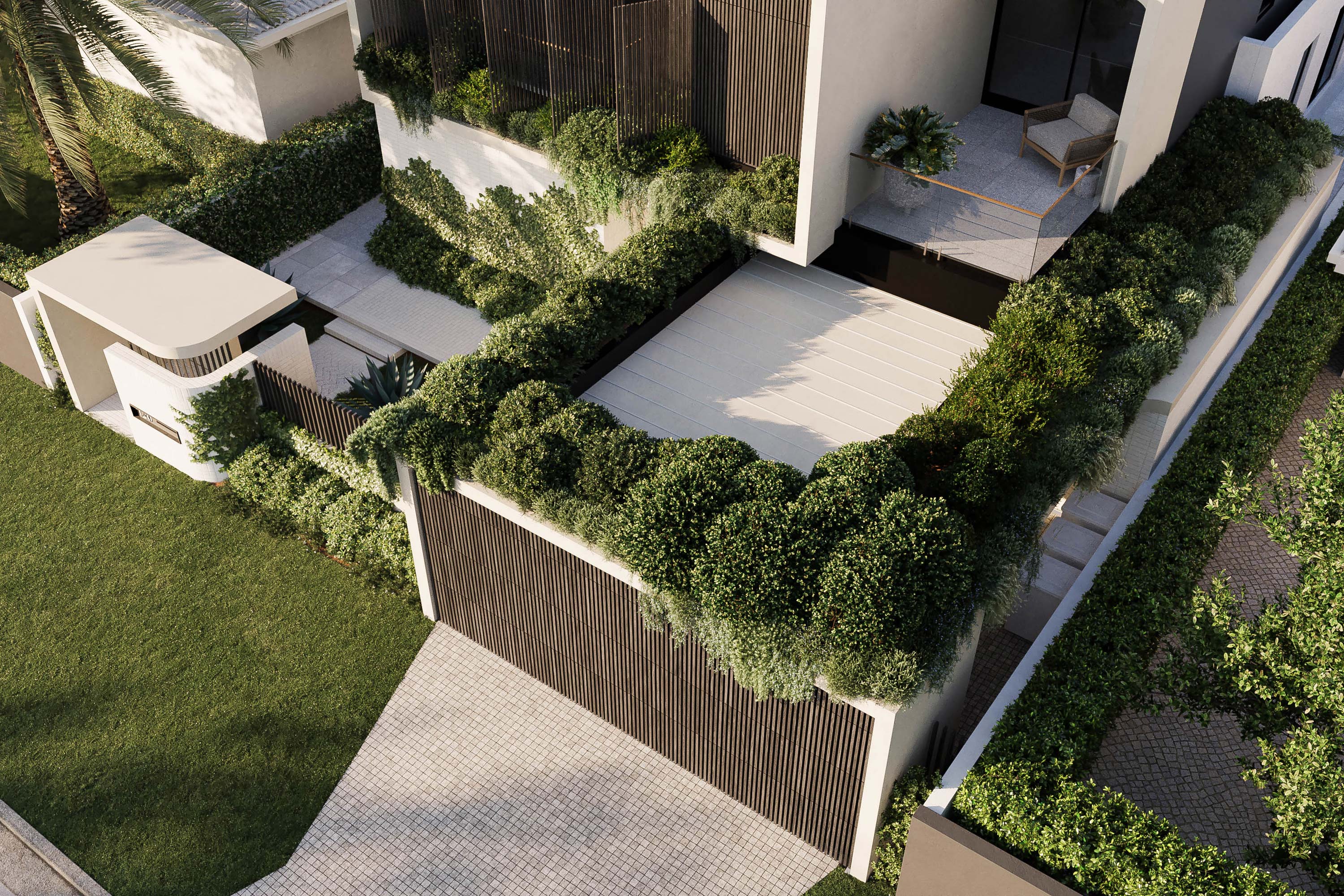 Modern home exterior featuring minimalist architecture, lush green landscaping, rooftop garden, and natural privacy hedges for sustainable urban living.