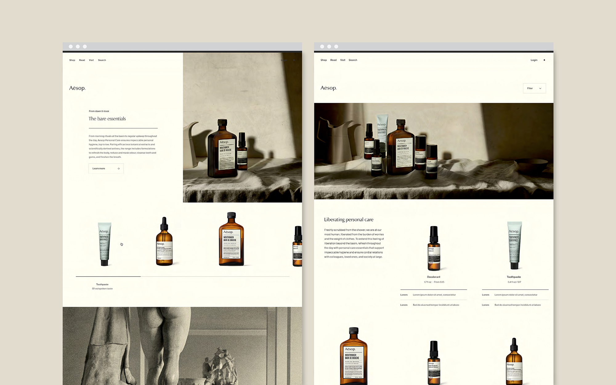 Screen capture of the campaign takeover of aesop.com, featuring product imagery and the campaign image by Herbert List.