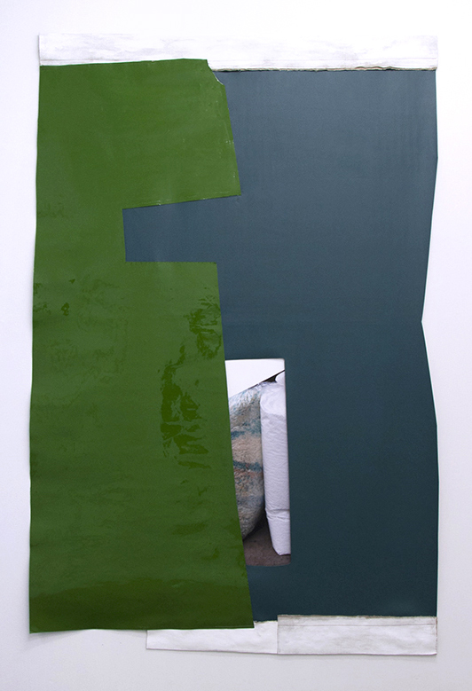 "Saline", archival pigment print, linen, leather, vinyl, acrylic paint, and thread, 75 ½ x 52 inches