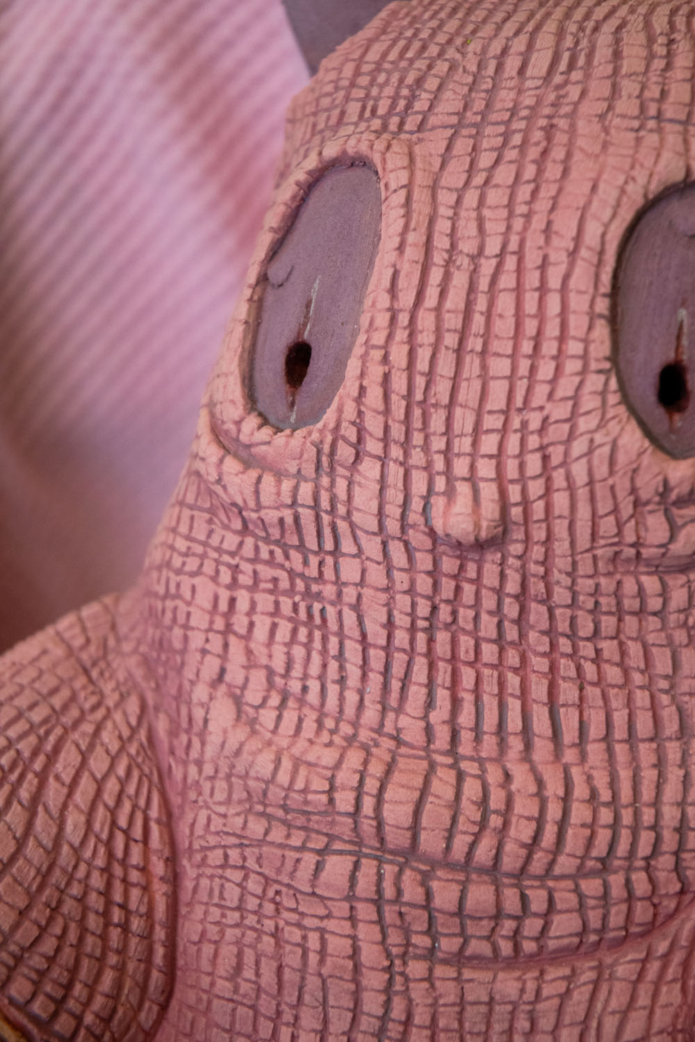 Pink Blankie (detail) Low fire clay, underglaze, pipe cleaners, pom poms, 11.75” x 8” x 18” 2022