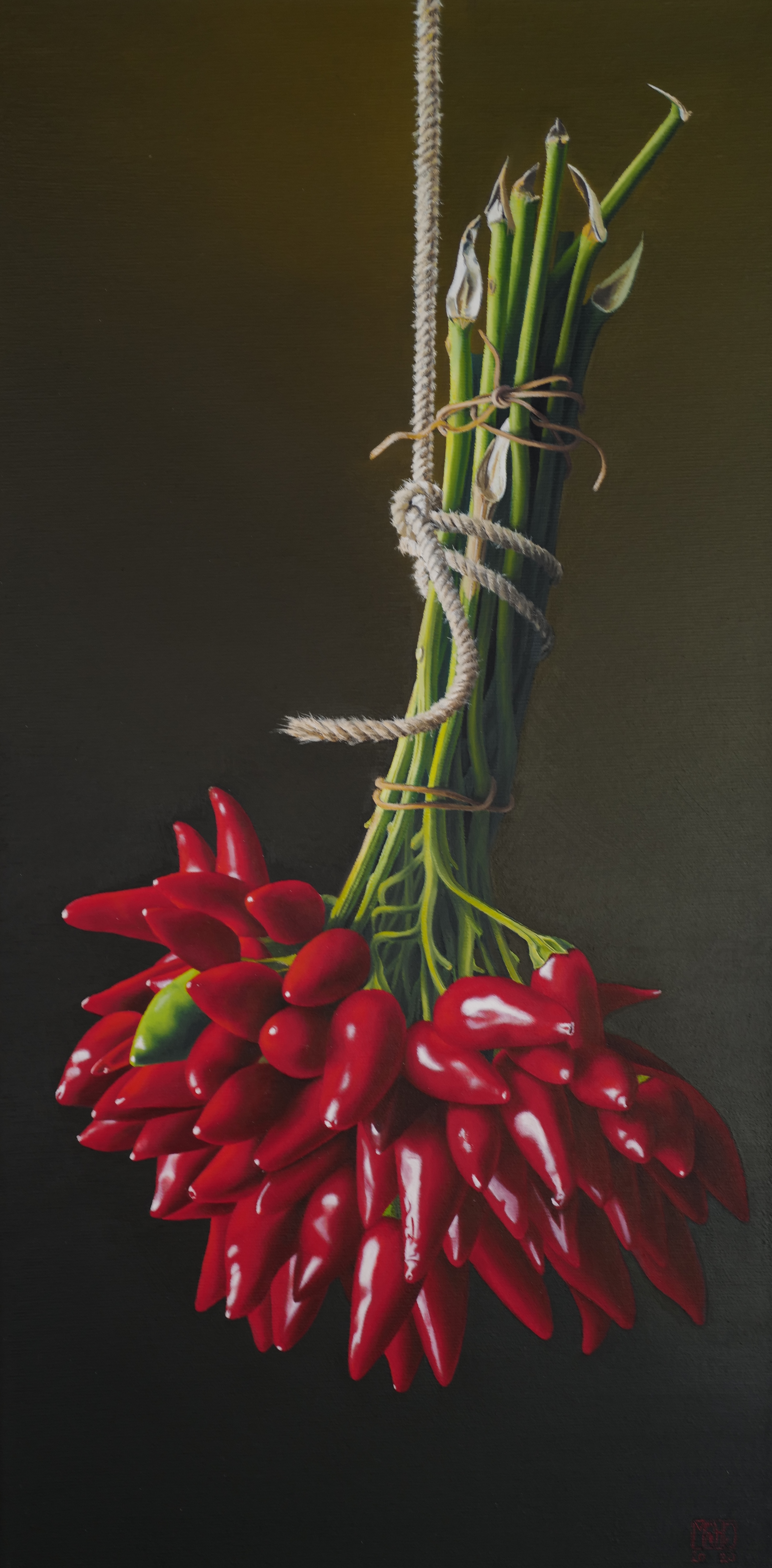 130–Hängende Pfefferschoten30×60 cmÖl auf Leinwand2020︎ Bild kaufen