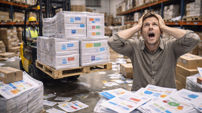 A forklift moves pallets of “marketing assets” (blank brochures, decks, flyers) while someone screams silently.